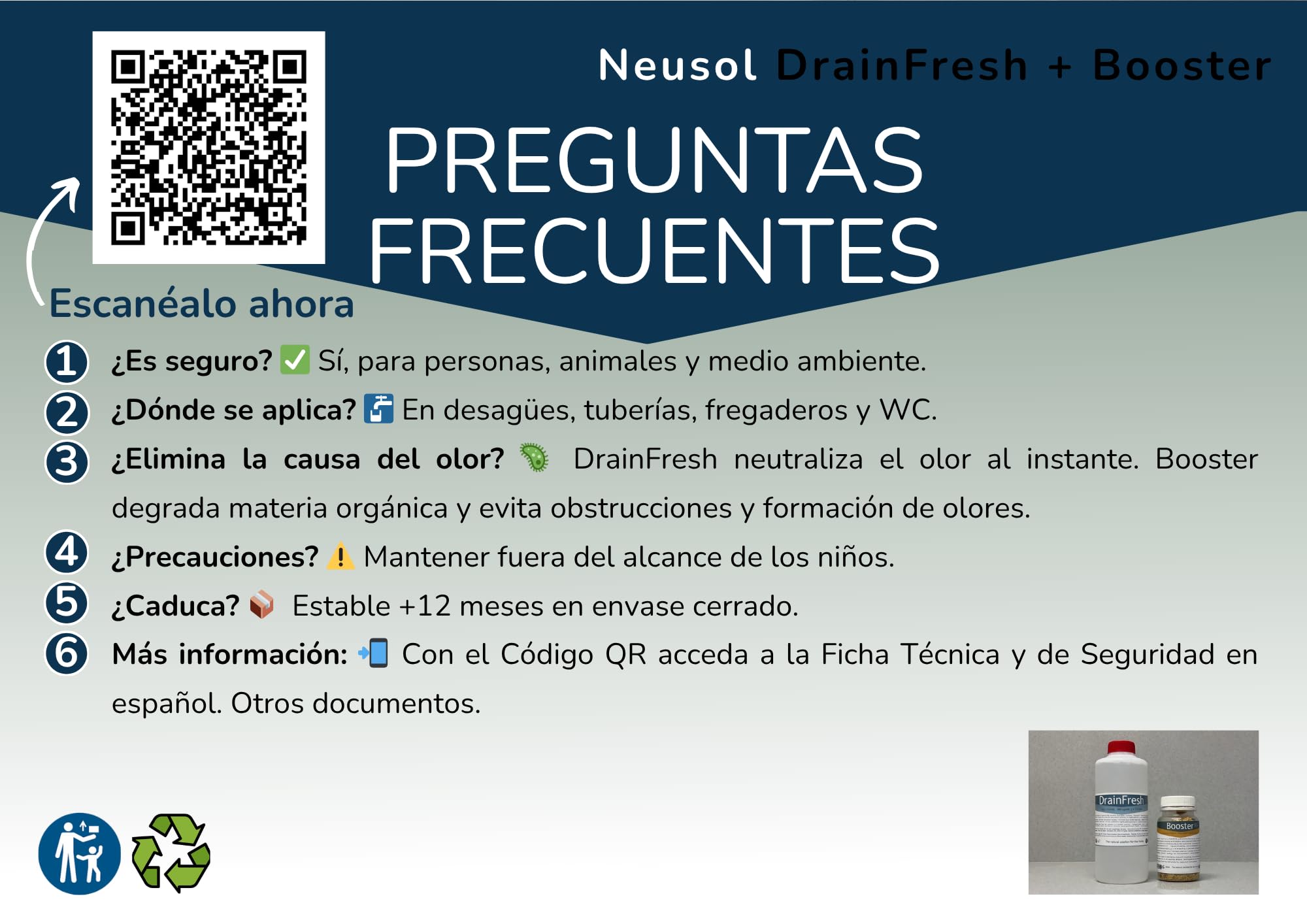 DrainFresh + Booster Pack Olores y Tratamiento Desagües | Acción inmediata + mantenimiento biológico Elimina olor Ayuda a degradar materia orgánica Solución completa para desagües