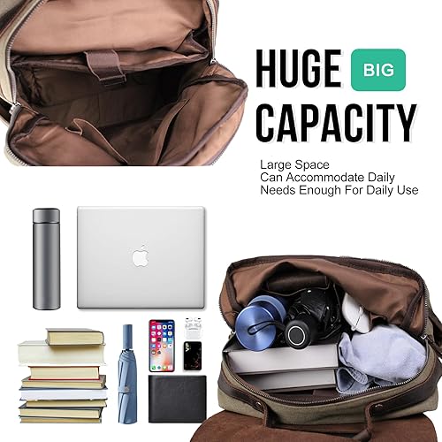 Miniatura 6 de Mochila de lona vintage con cuero de vaca de grano superior, bolsa de trabajo para portátiles de 16 pulgadas, Verde militar, Mochilas de viaje