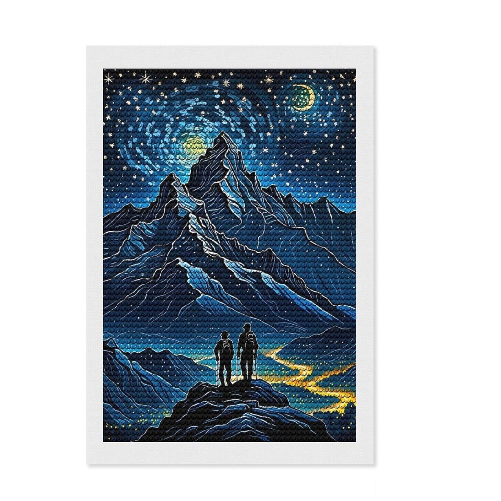 Junmoney Mountain Climber Starry Night Diamond Painting Kit 8"x12", Neat Printed Canvas, Sparkling Round Gems, Fun Craft Experience, Office Decor