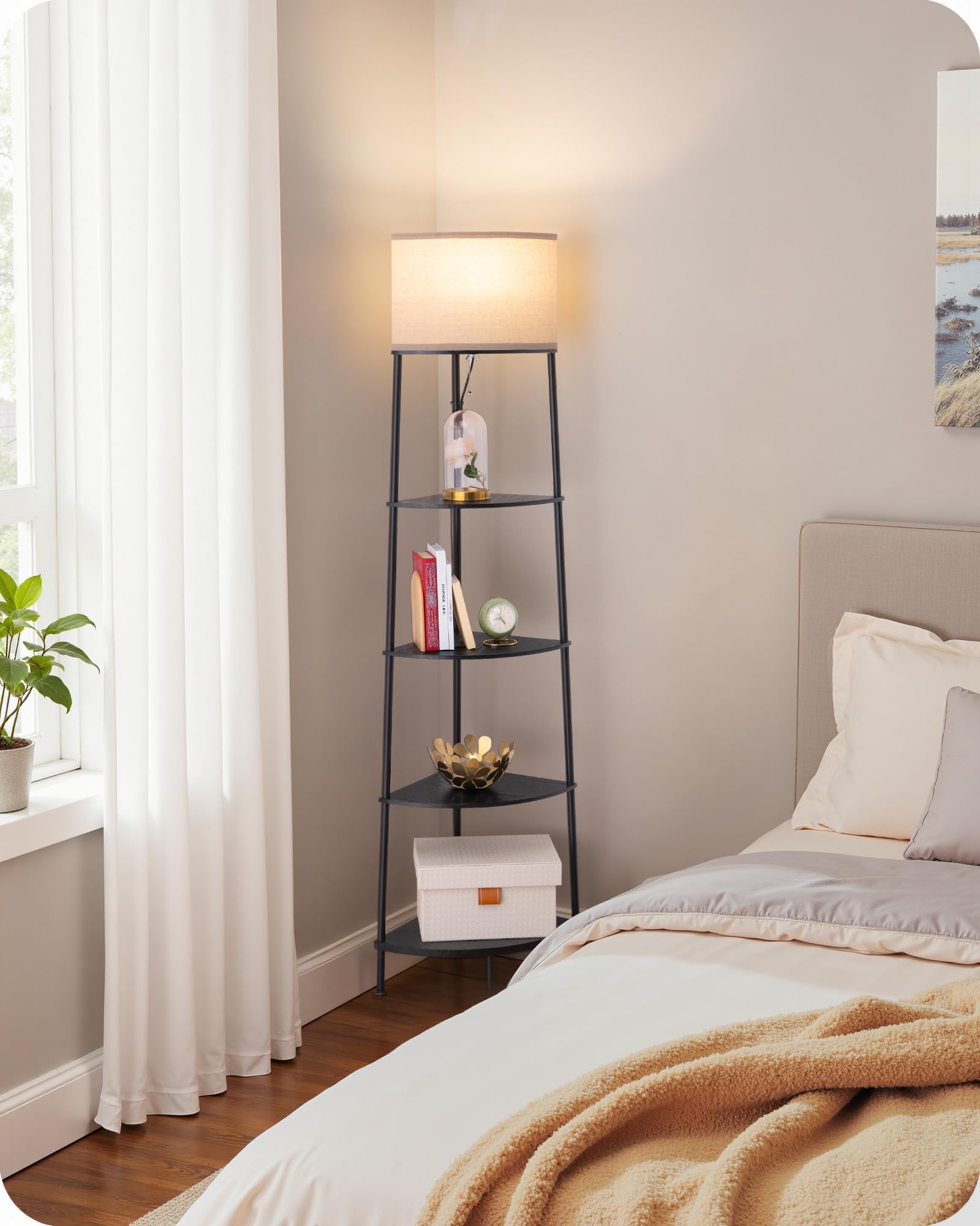 EDISHINE Lámpara de Pie LED Salón, con Estante & Pantalla de Lino, Negro | 2700K Blanco Cálido, Estructura Metálica con Almohadillas Antideslizantes, 169,5 cm de Altura para Dormitorio, Oficina