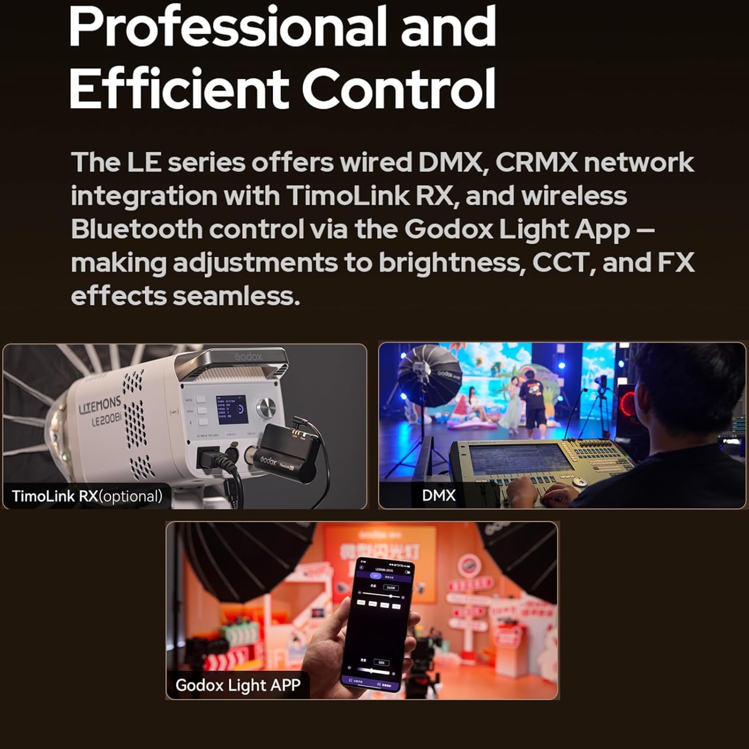 Godox LE series control options: TimoLink RX, DMX, Bluetooth App