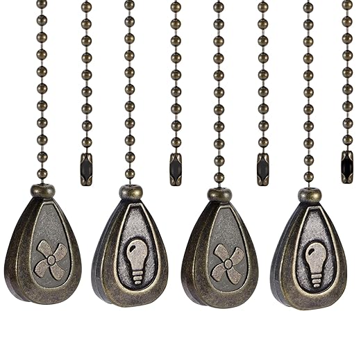 4 Pack Bronzed Ceiling Fan Pull Chain Extension, 12 Inches Classic Drop Shaped Pendant Pull Chains for Ceiling Fans and Lights, Decorative Fan Pulls Extenders with Connector (2 light and 2 fan)