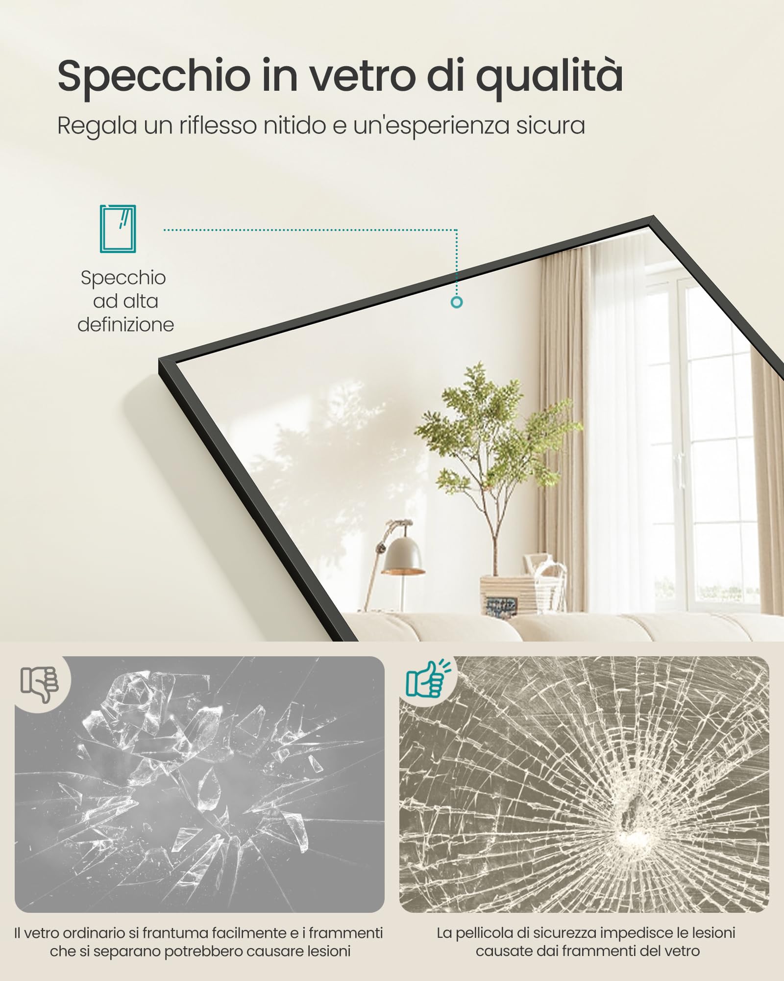SONGMICS Specchio a Figura Intera, 150 x 40 cm, Specchio da Terra Rettangolare con Supporto, Cornice in Lega di Alluminio, Vetro Temperato, Camera da Letto Soggiorno, Nero Inchiostro LFM054BD01 | Telaio in Lega di Alluminio, Acciaio, Vetro a Specchio, Ang