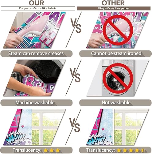 Vista 6 de Telón de fondo de tela de 72 x 43 pulgadas, diseño de superhéroe feliz cumpleaños, rosa para niñas y mujeres, cómics, fotografía de ciudad