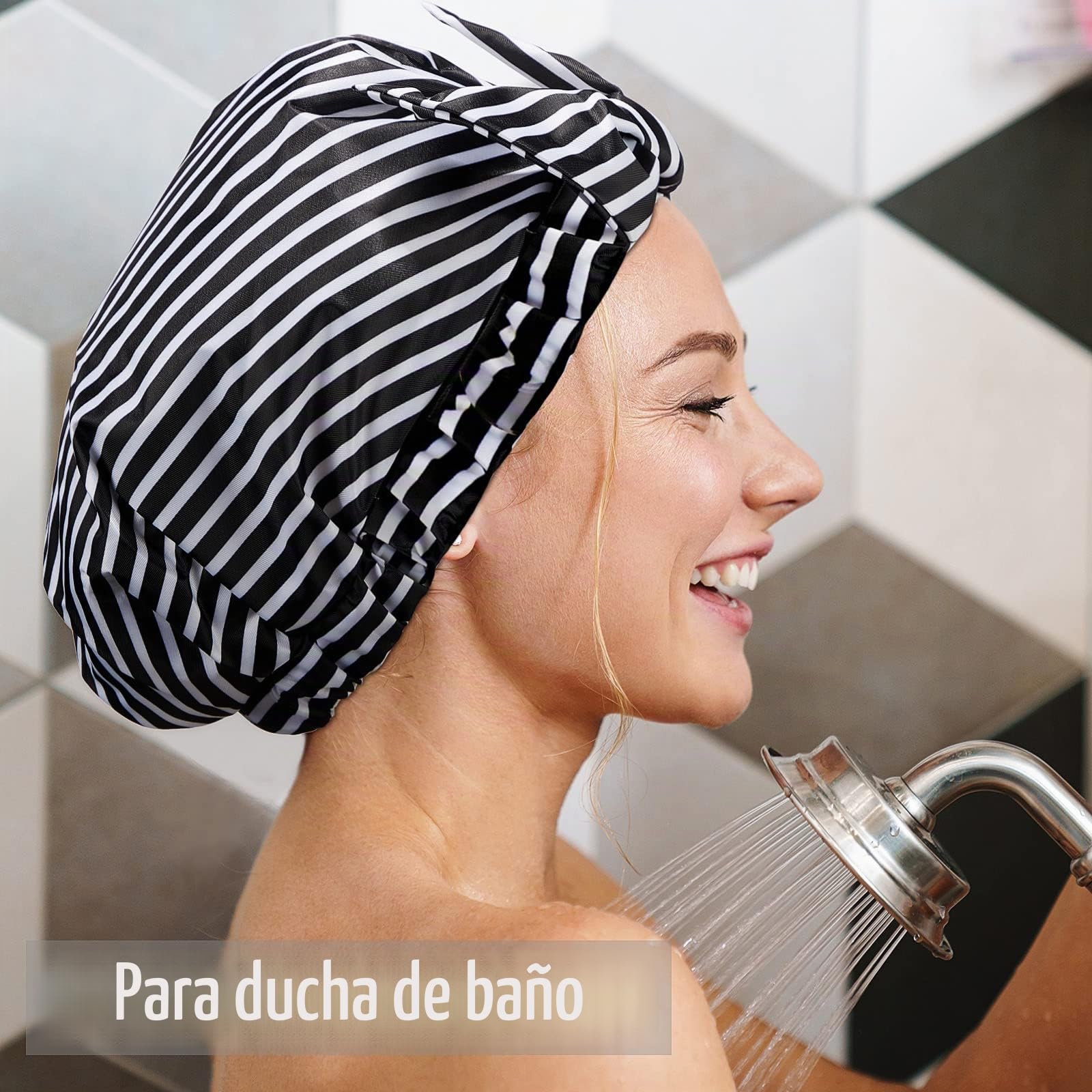 2 Gorros de Ducha de Mujer, Gorro de Pelo de Baño Reutilizable Impermeable Gorro Turbante con Dobladillo Elástico para Pelo Largo, Corto y Rizado (Punto Negro y Raya)