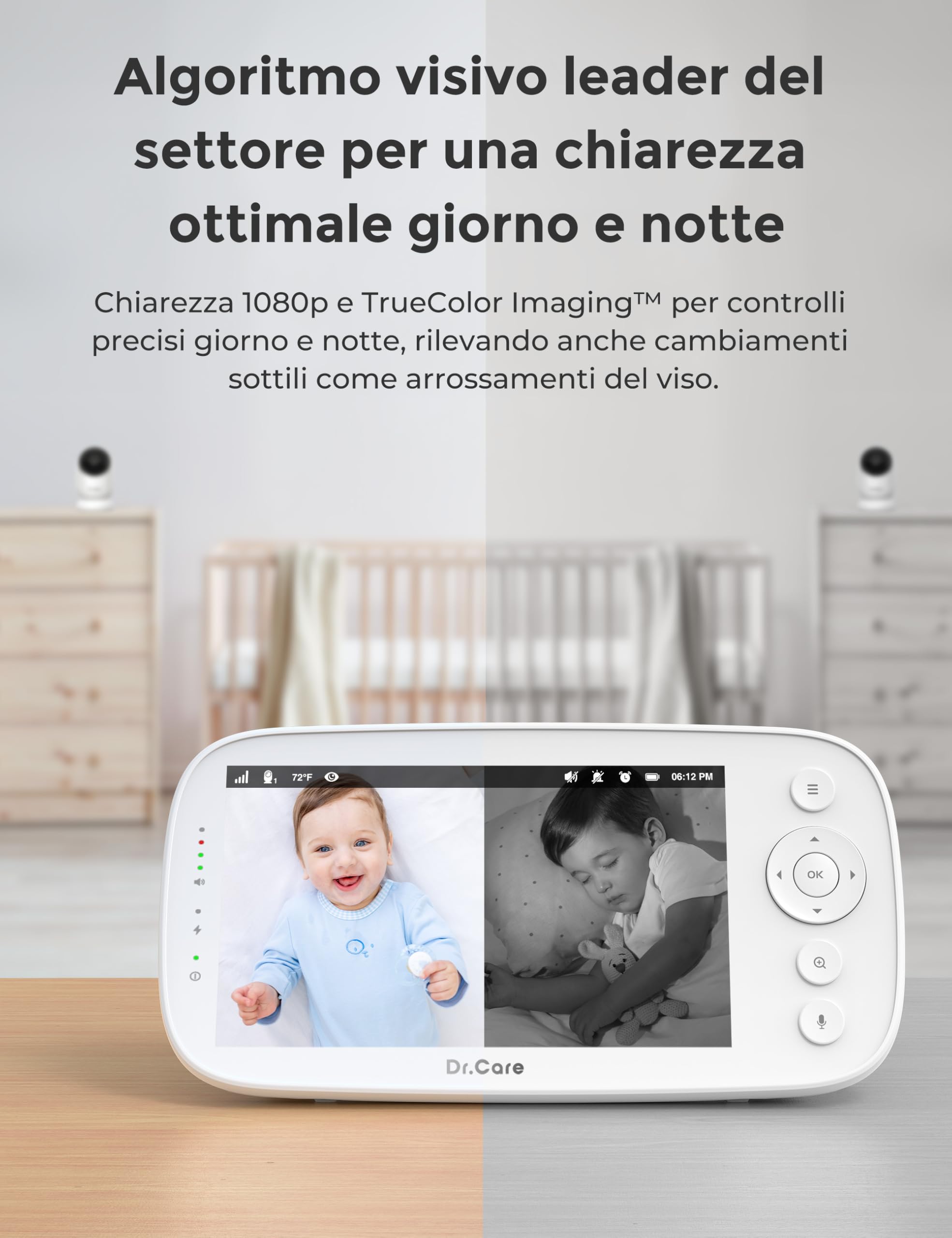 Dr.Care Baby Monitor 5" HD 1080P Senza WiFi Bassa Radiazione Visione Notturna Rotazione 360° Batteria 5000 mAh VOX