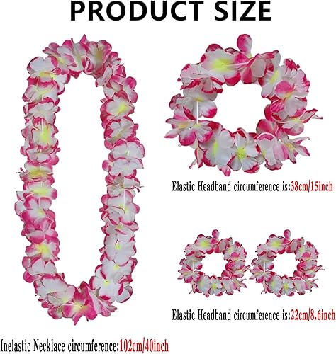 Miniatura 2 de Juego de 48 piezas de leis hawaianos gruesos a granel, flores tropicales rosas Lei Jumbo 12 diademas 24 pulseras, 12 collares florales, guirnalda