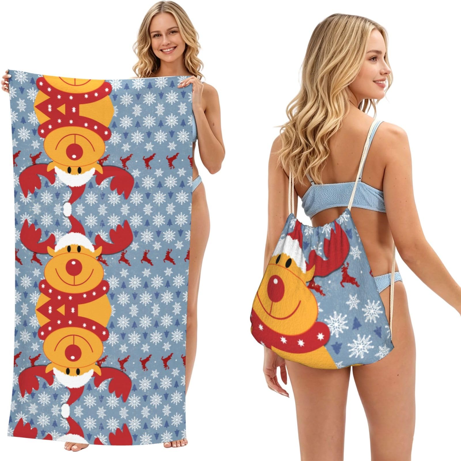 ESNAIUVCD Christmas Deer Print Beach Towel For Adults,Towel With Drawstring Bag, Travel Pool Swimming Sports Shower Sand Free Quick Dry Bath Towel For Pool, Beach, Yoga- 180x60cm