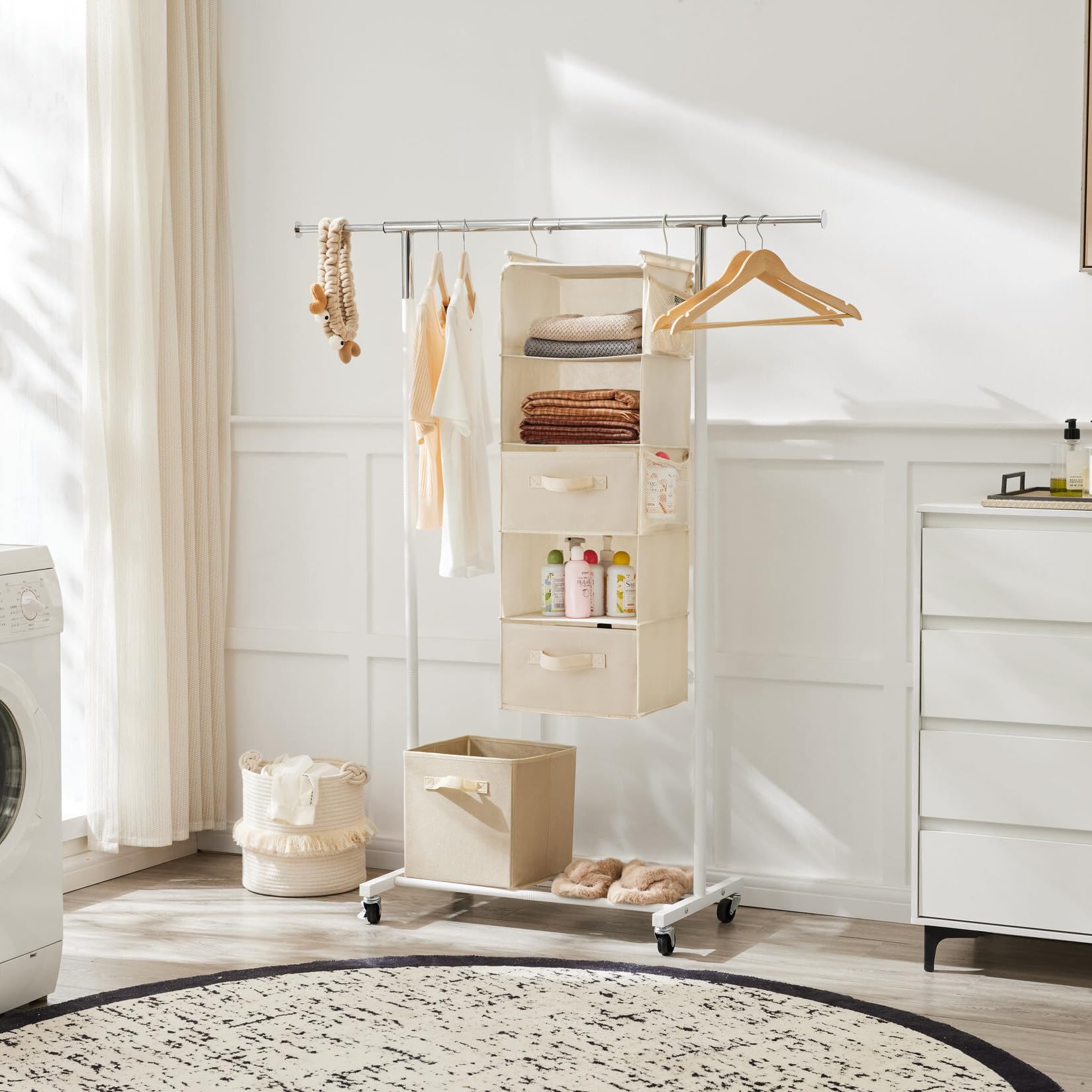 Organizador colgante de armario de 5 niveles, estante colgante de tela con 2 ganchos resistentes para almacenamiento, plegable (beige-D2) 6