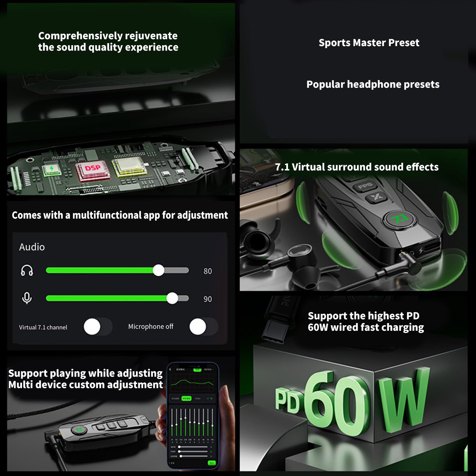 Tarjeta de sonido externa USB pequeña de 7.1 canales para juegos para computadora, portátil, tableta con juegos envolventes