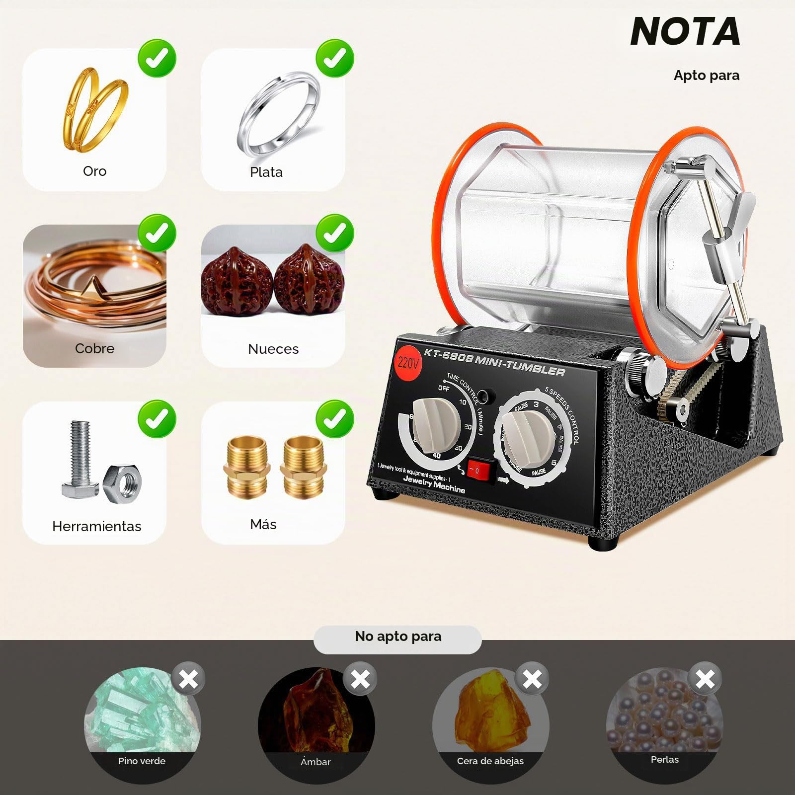 Pulidora de 3 kg 220 V, tambor de pulido, molinillo de bolas con motor de 60 W y temporizador, 5 niveles de regulación de velocidad (500 – 3000 rpm), barril transparente para joyas, monedas, piezas