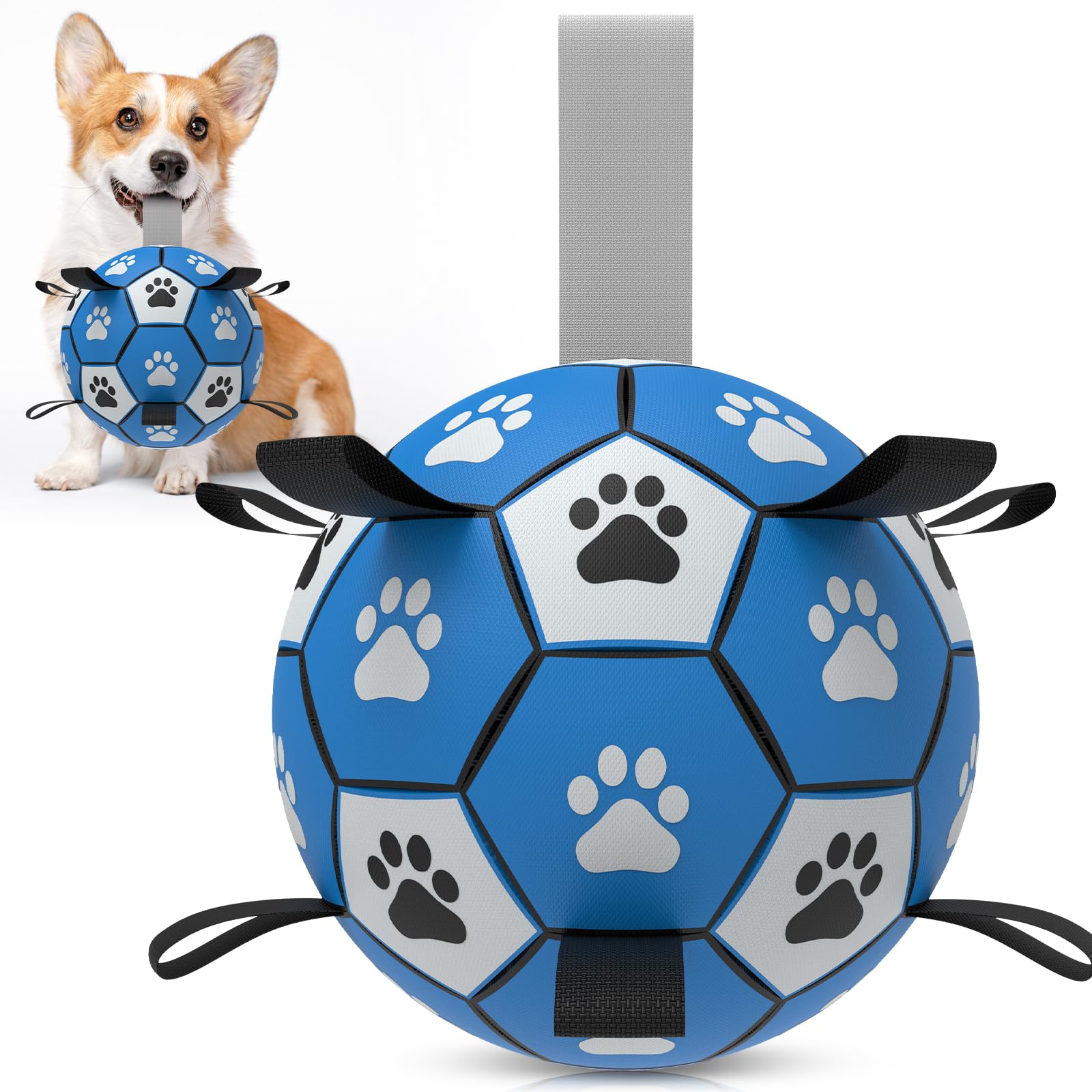 HETOO Interactive Dog Football Toys with Webbing, Durable Dog Water Balls for Small Medium Breed Indoor & Outdoor Blue Gray (6 Inch)