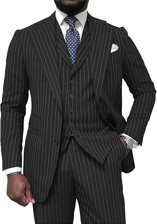 Mens Pinstripe Suit 3 Piece Classic Fit Slim Fit Suit Tuxedo Jacket Vest Pants Casual Suit for Business Wedding Prom