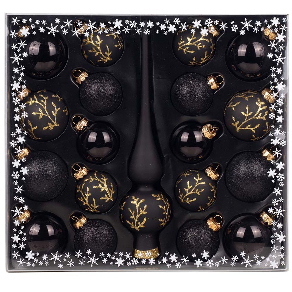 MAGIC Kugelsortiment Glas Dekor 19 TLG. mit Spitze Christbaumkugeln Christbaumschmuck Tannenbaum Deko Weihnachten Weihnachtskugeln (Ebony Black | schwarz)
