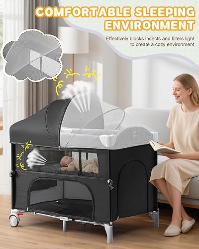 Miniatura 4 de Ktaxon Moisés 5 en 1, Pack and Play, cuna de noche con cambiador de pañales, cesta de almacenamiento espaciosa, mosquitera protectora, barra de