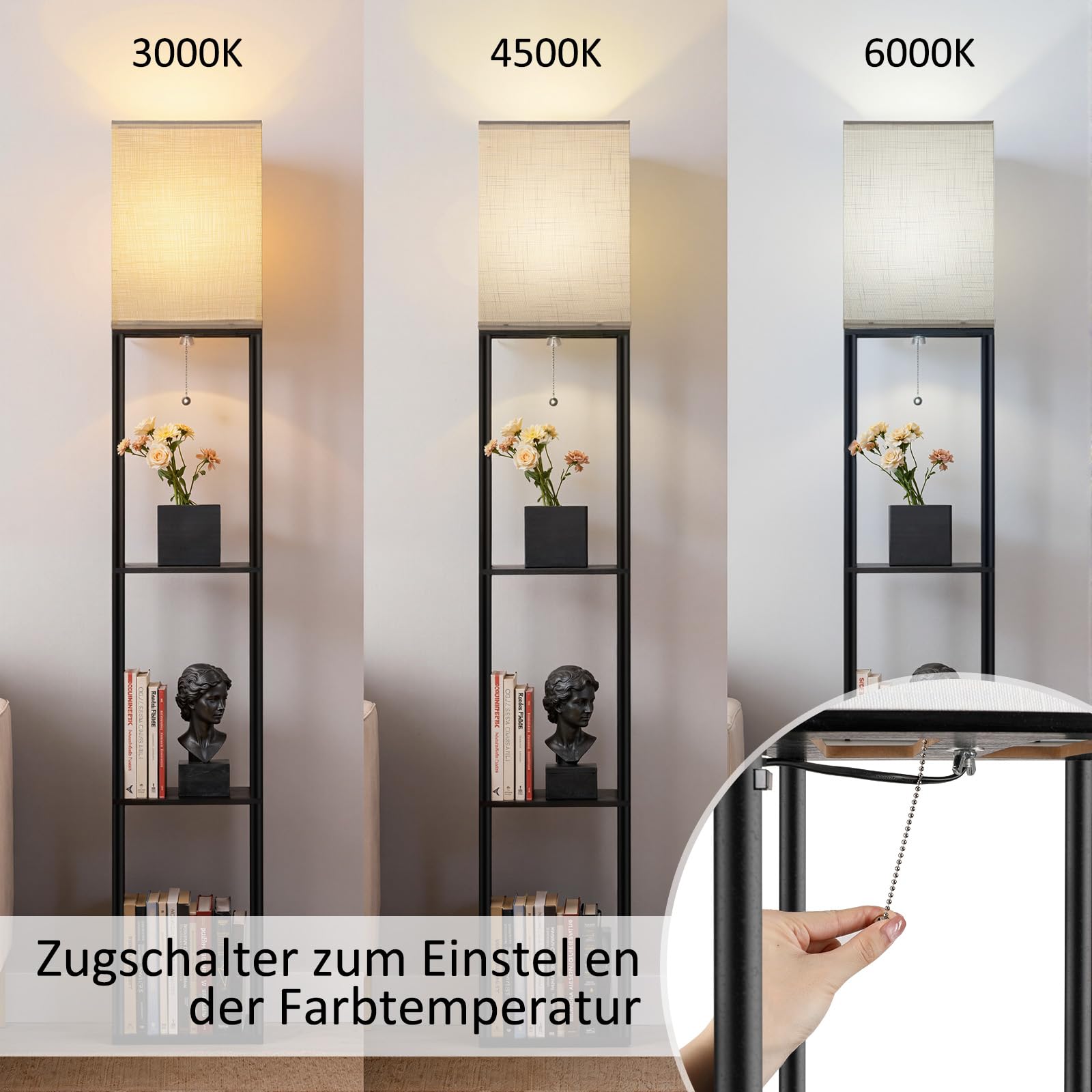 Stehlampe mit regal für Wohnzimmer Vintage Metall Stehlampe mit 3 Farbtemperaturen Floor Lamp mit weißen Leinen Schatten & Foot Switch Deckenfluter für Wohnzimmer Schlafzimmer und Büro Schwarz