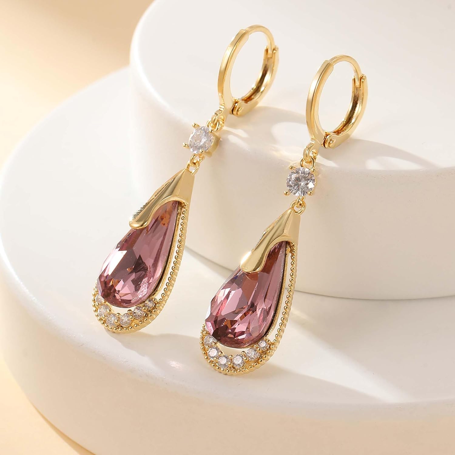 Trendy Austrian Crystal Teardrop Drop Huggie Dangle Earrings for Women 14k Rose Gold Plated Hypoallergenic Jewelry Gifts