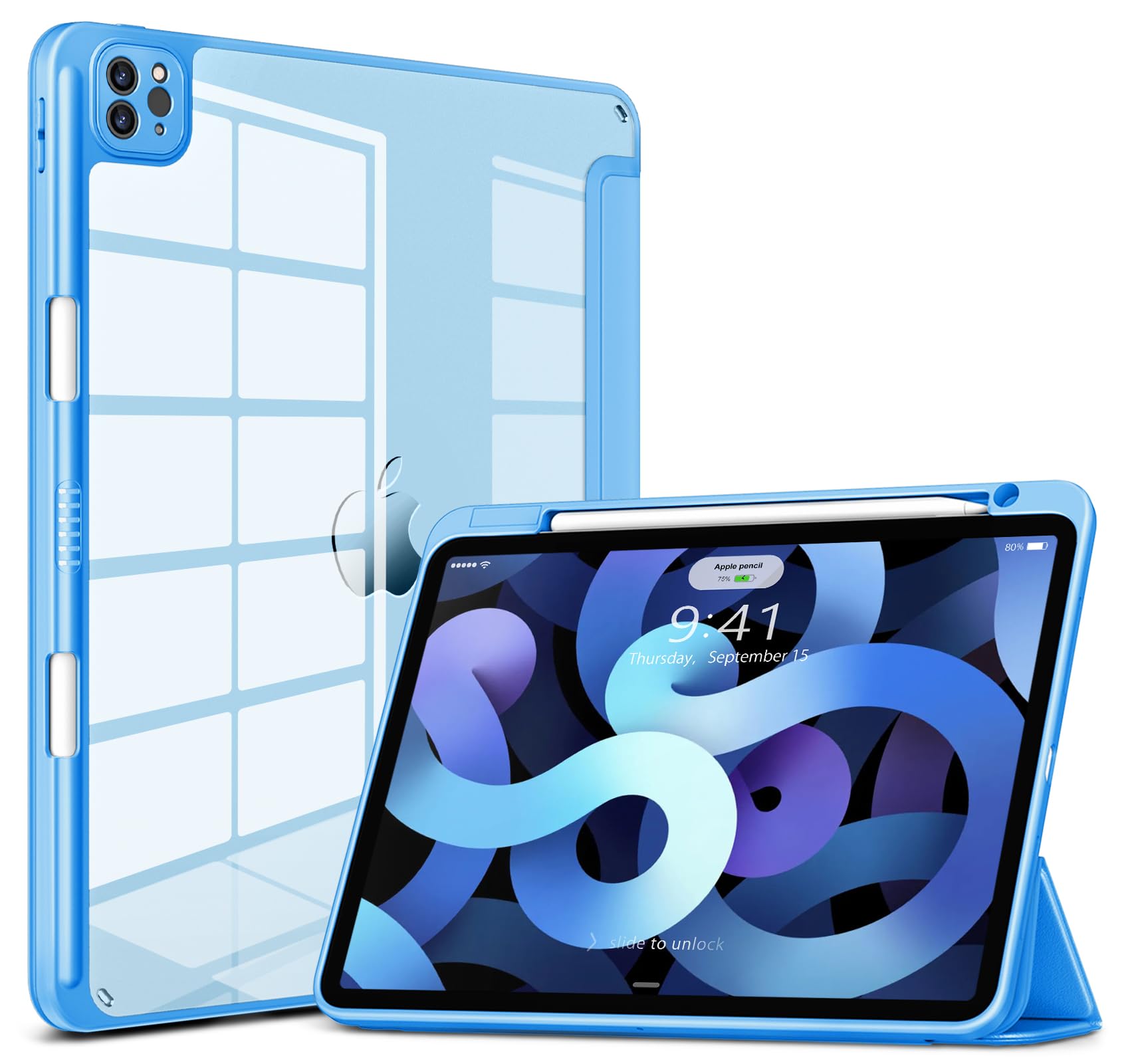 DTTOCASE for iPad Air Case 5th / 4th Generation 10.9 Inch (2022/2020),iPad Pro 11 Inch Case with Transparent Shockproof Back Cover[Built-in Pencil Holder,Auto Sleep/Wake,Camera Protection]-Azure