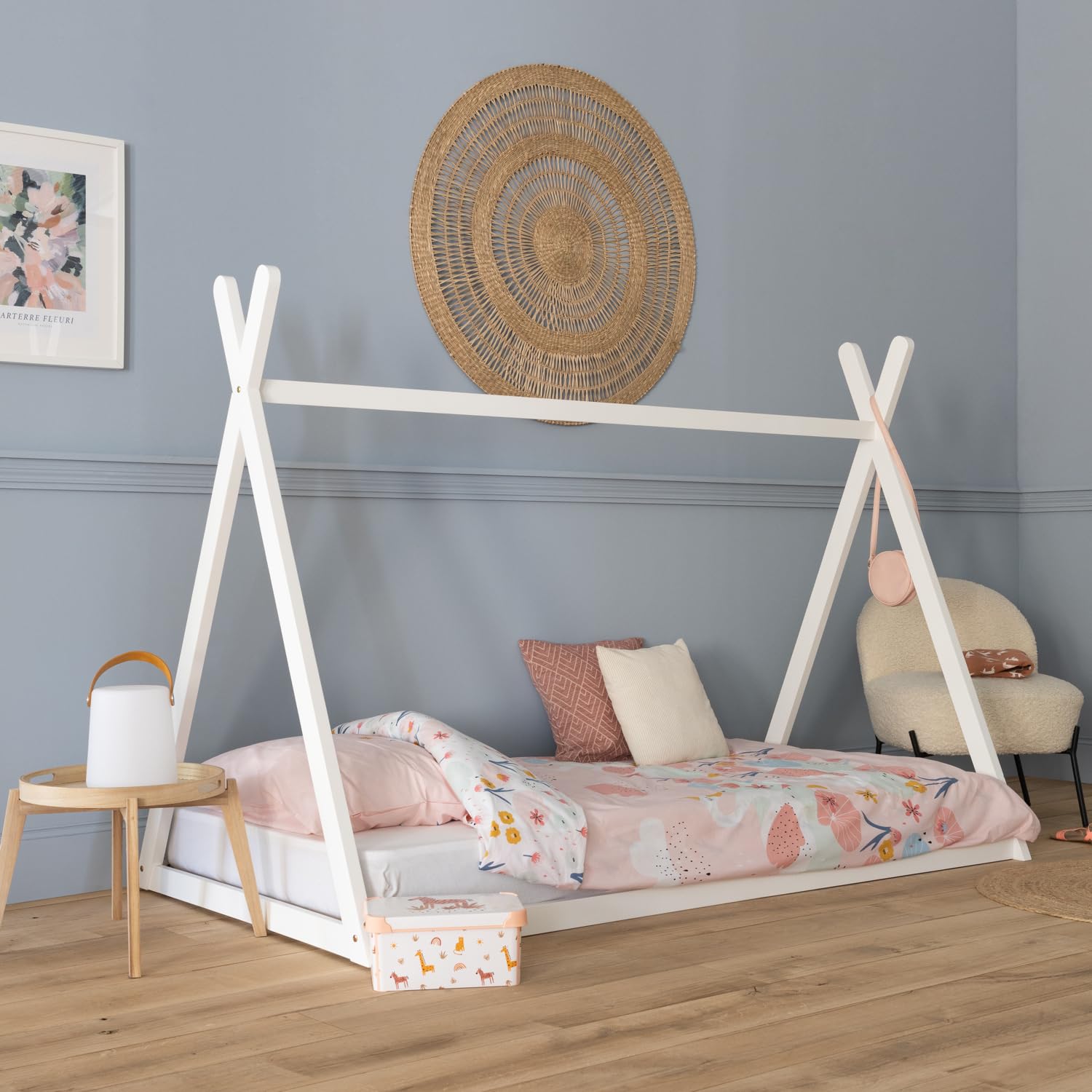 Happy Garden Cama Tipi Infantil Valentin Blanca, tamaño 190x90cm, con somier de láminas Diseño lúdico, Estructura de Madera Blanca, fácil de Montar