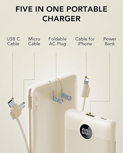 Miniatura 3 de Cargador portátil con cables integrados y enchufe de pared de CA, cargador de batería USB C de 10000 mAh, batería de viaje, cargador de teléfono