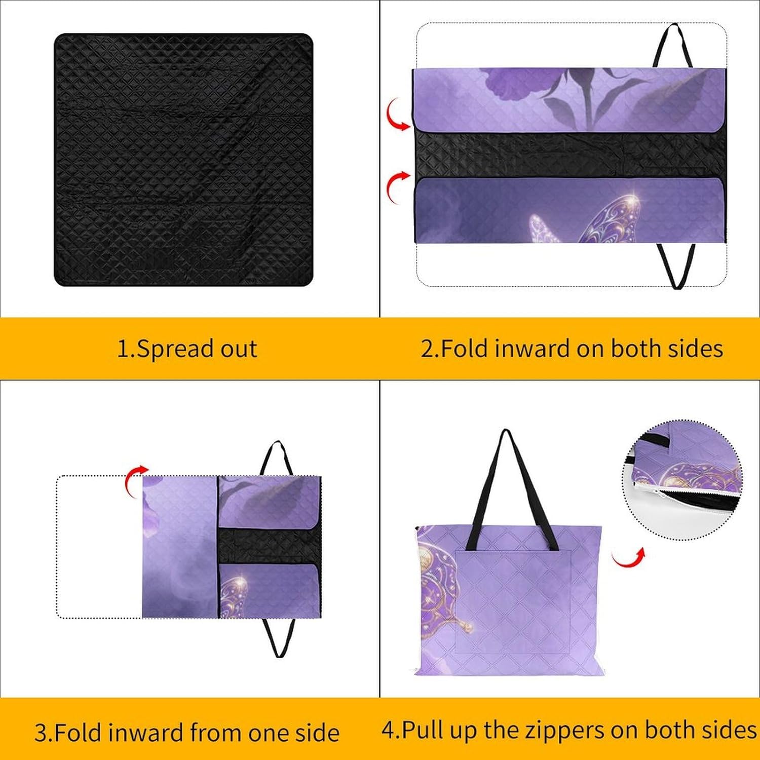 Glitter Butterfly Picnic Blanket 150x150cm, Foldable 2-in-1 Picnic Mat and Tote Bag Portable Waterproof Beach Mat Sandproof Outdoor Blanket for Park, Hiking, Beach, Camping, Travel
