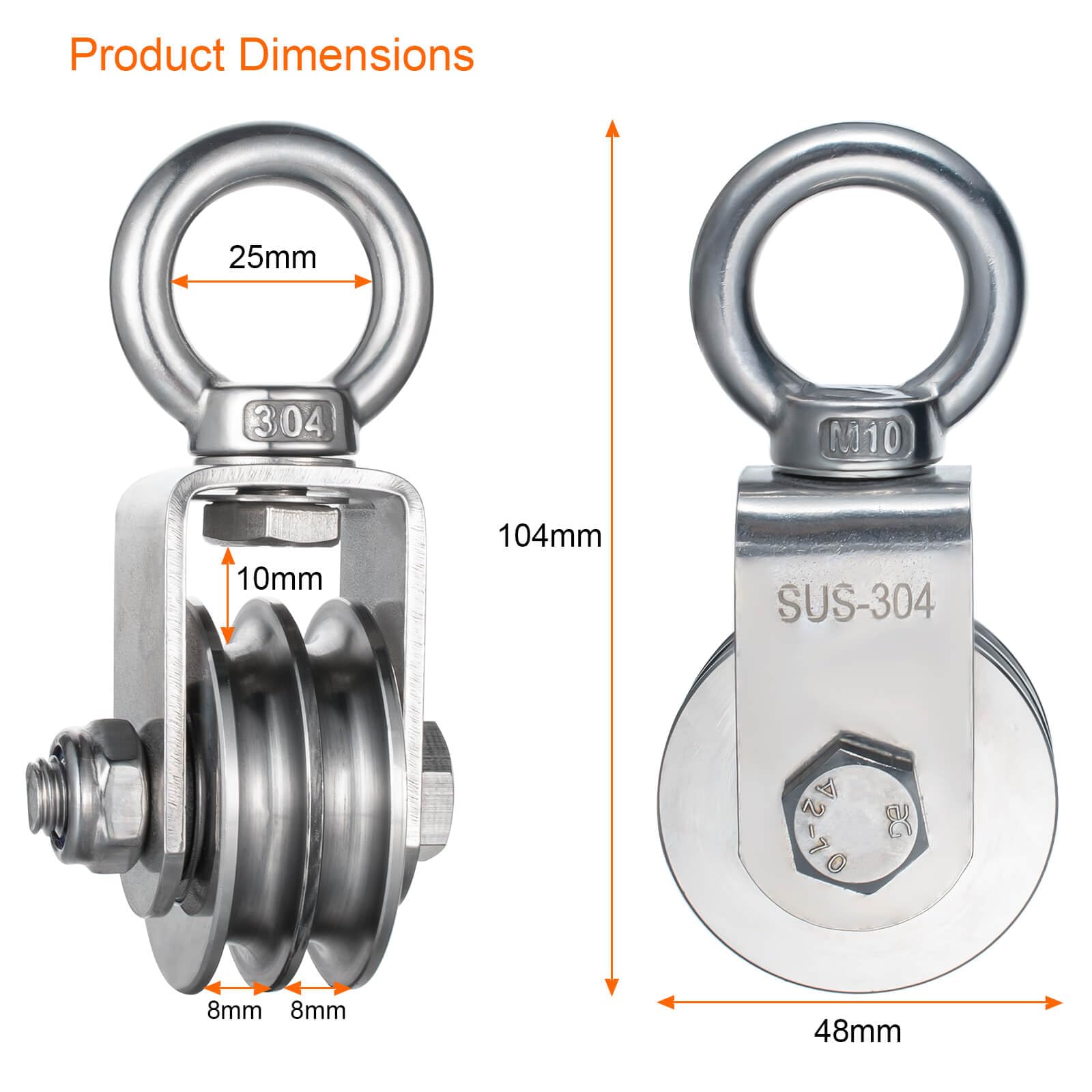 SHINICO Double Cable Pulley Block Heavy Duty Stainless Steel 1 Pack, Bearing Inside, Swivel Single Pulley Wheel, Good for Pulley Lifing System, Loading 1100lb
