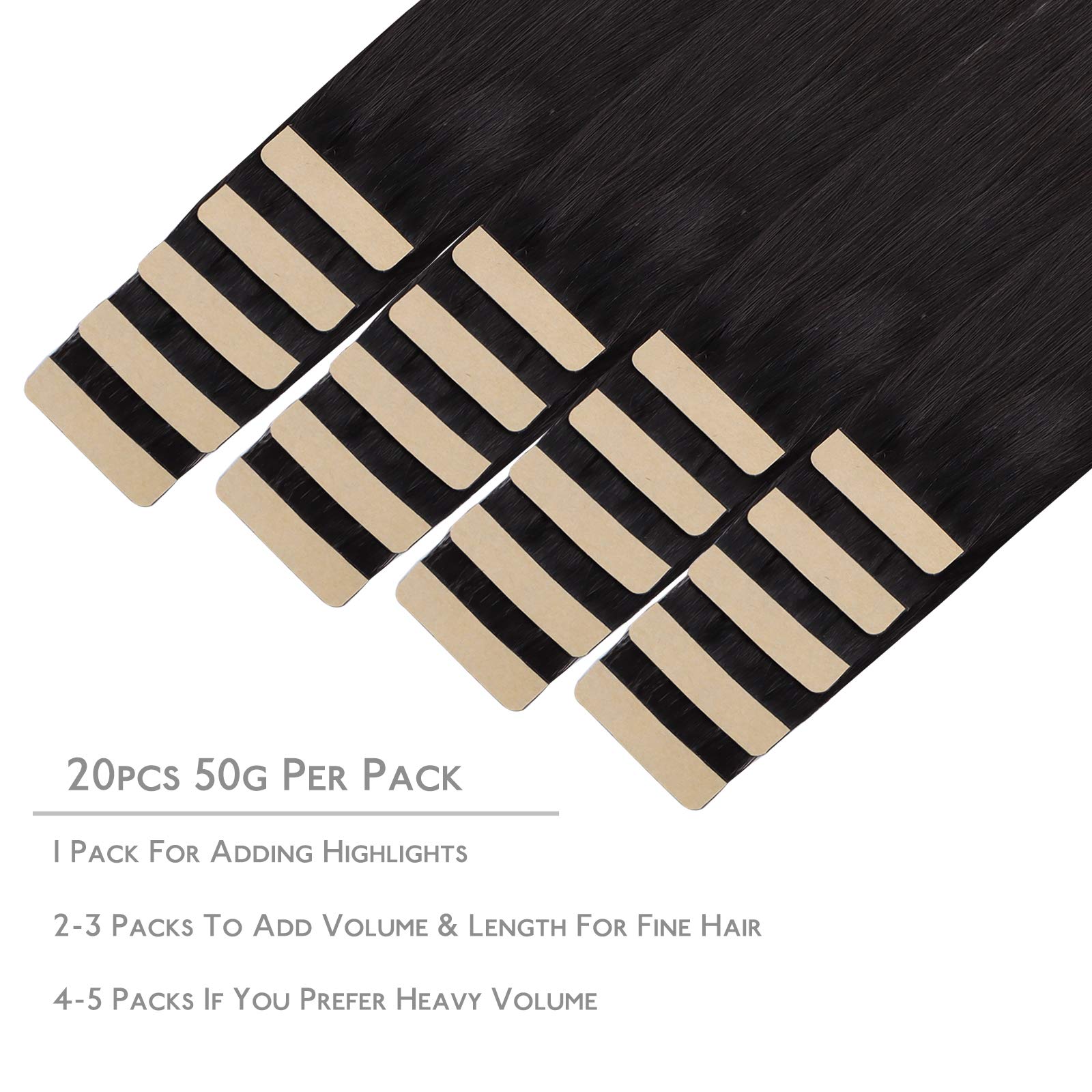 WENNALIFE Tape Extensions Echthaar, 20pcs 50g 60cm 24 Zoll Natürliches Schwarz Remy Invisible Tape Extensions Seidig Gerade Echthaar Extensions Skin Weft Tape Ins - 2