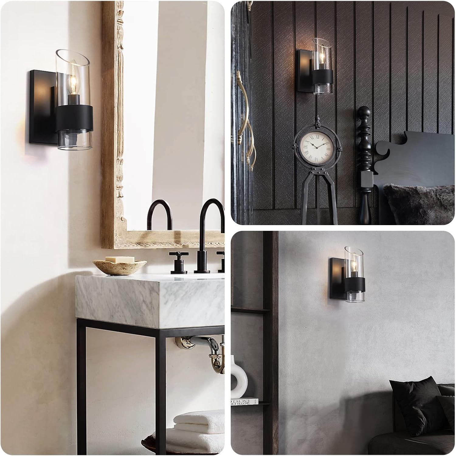 WUZUPS Set of 2 1-Light Bathroom Wall Light Fixture Over Mirror Class Shade Morden Vanity Scones for Bathroom Bedroom Living Room, E12 Base, Black