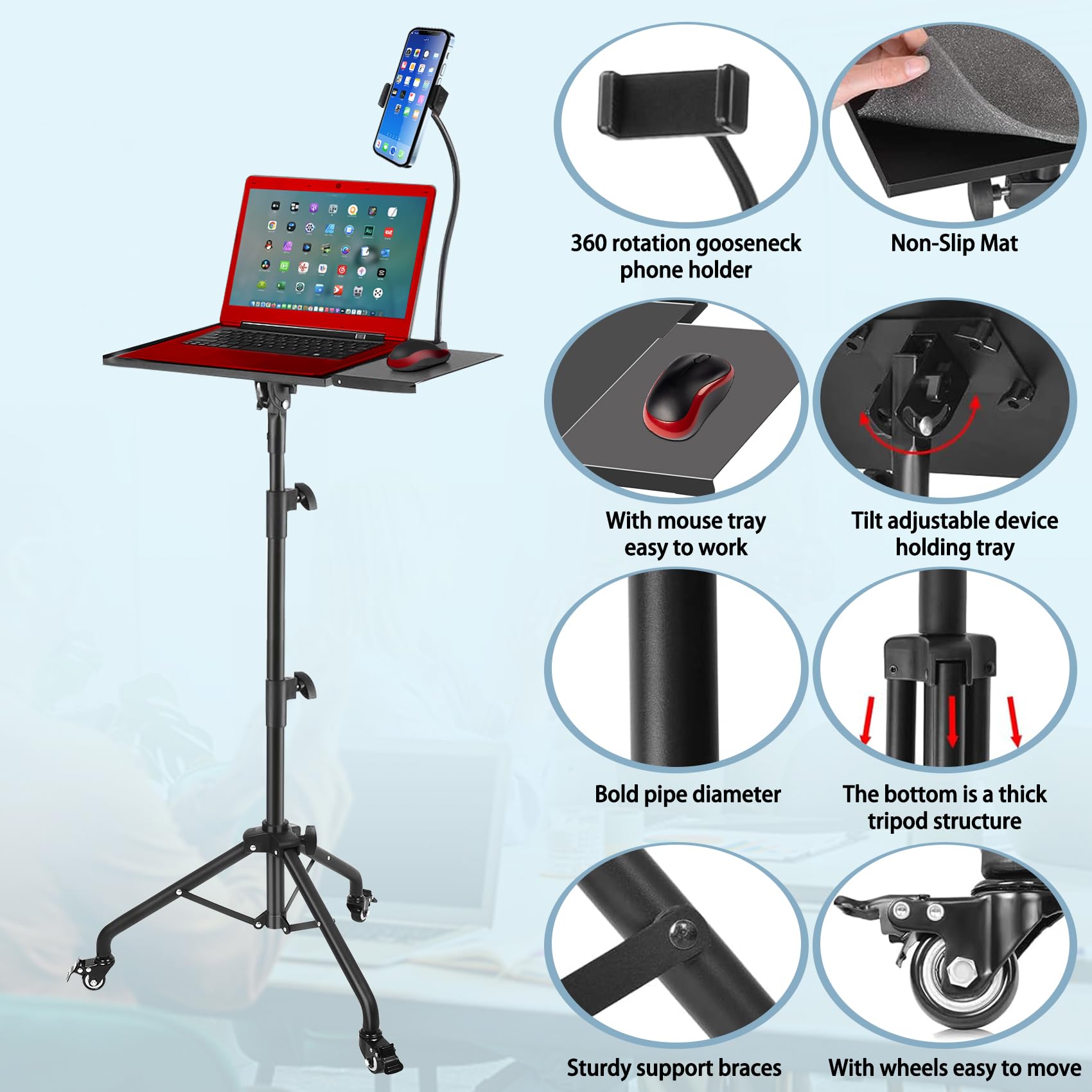 GlobalCrown Supporto Proiettore da Terra Regolabile in altezza (66-160 cm),Treppiede per Proiettore portatile Laptop con Vassoio per mouse e supporto per Telefono,Treppiede rotante con ruote