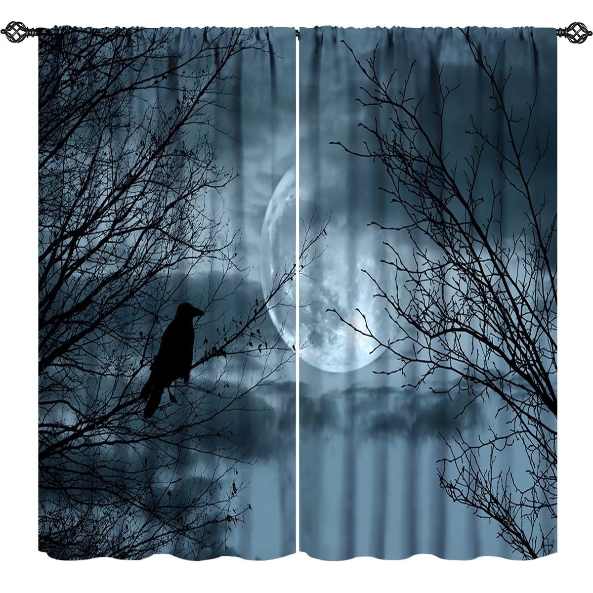 Crow Curtains, Black Tree Full Moon Night Birds Misty Forest Gothic Style Room Darkening Door Window Rod Pocket Curtain for Living Room Bedroom Kitchen Bathroom W42xL45in