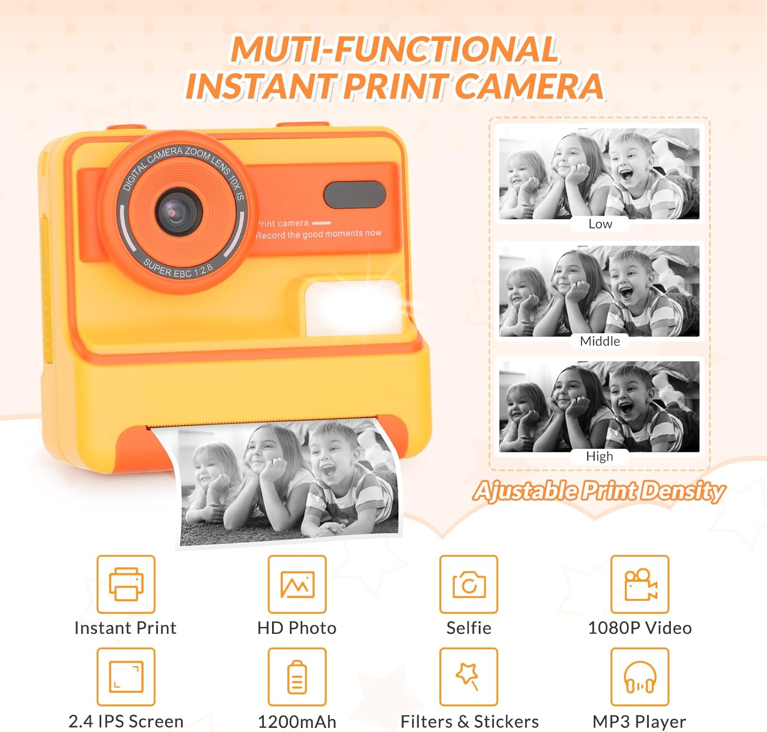 Mafiti Kids Camera Instant Print,1080P Instant Camera for Kids,Selfie Digital Camera with 2.4 Inch Display 1200 mAh Battery,3-12 yrs Girls Boys Toys Presents for Birthday/Xmas/Holiday,Orange - Image 2