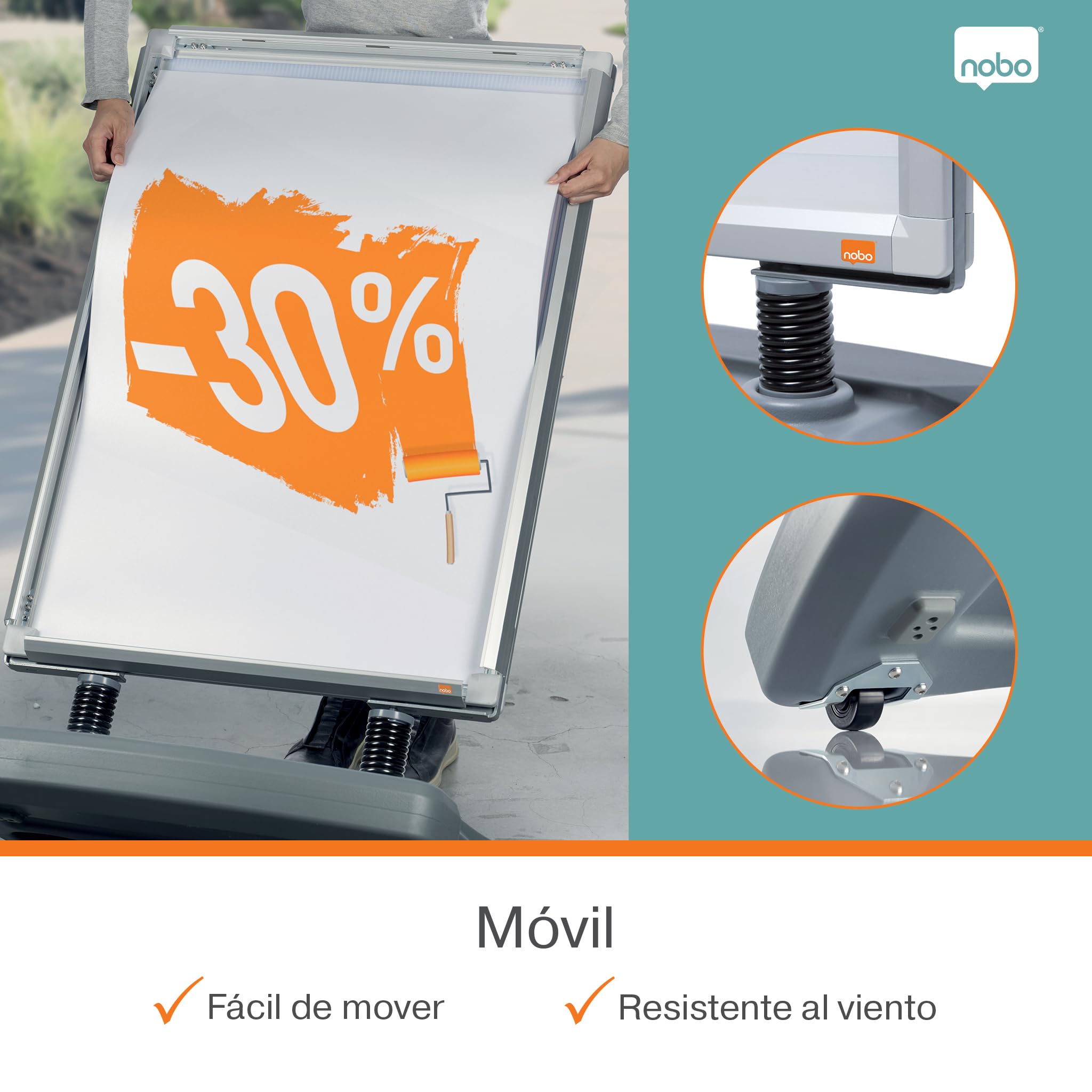 Nobo Impression Pro A1 cartel de suelo con base estable lastrada | Marco doble cara apertura rápida, cubierta PP antirreflejos, ruedas ocultas, exterior, tienda, comercio, restaurante