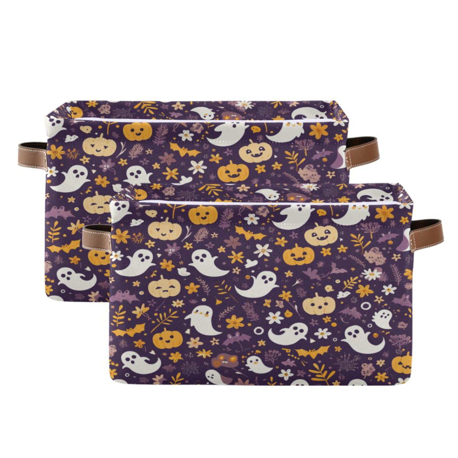 Kigai Halloween Boo Storage Basket with Handle Collapsible Canvas Fabric Storage Bins Shelves Closet Organizer Kid Toy Basket for Bedroom Nursery Office, 1 PACK