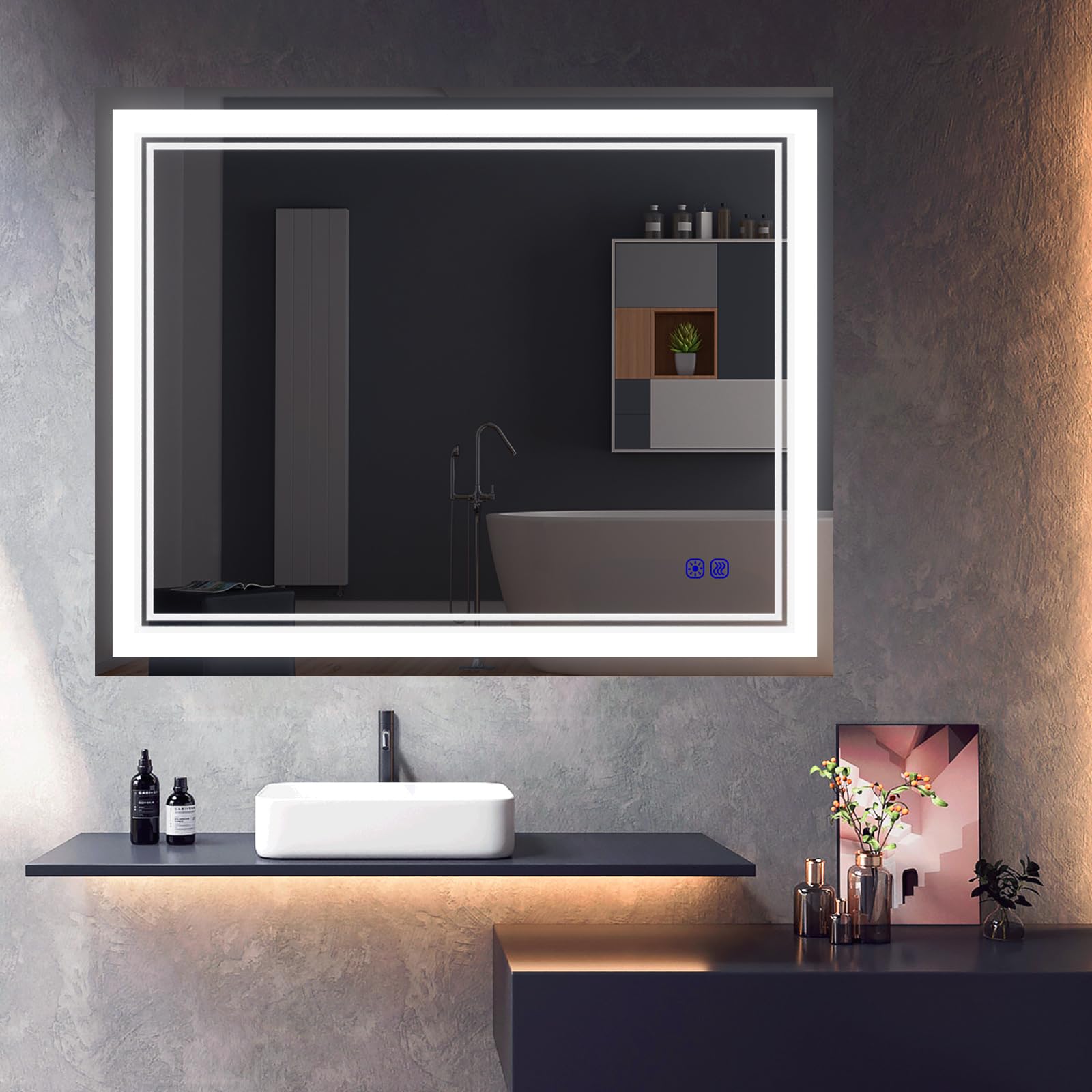 Lighted Bathroom Mirror with Lights LED Vanity Large Mirrors Wall Mounted 36x28 Inch Makeup Mirror Smart Dimmable Light Adjustable 3000K/4000K/6000K, Anti-Fog,Touch Button Memory Function