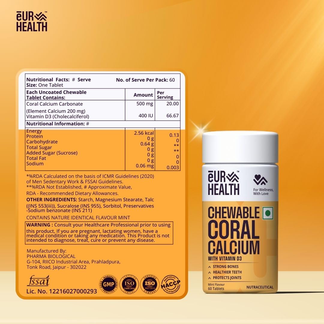 eUR Health Coral Calcium Chewable Tablets - Mint Flavor - Supports Bone, Joint, Teeth & Muscle Health - 60 Tablets — Amazon image 7