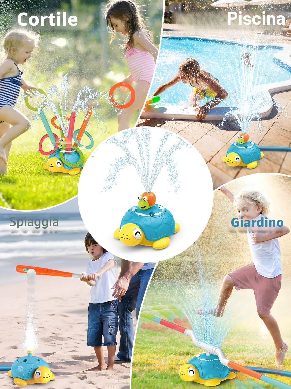 4 in 1 Giochi da Giardino per Bambini, Tartaruga Spruzzino Acqua da Giochi da Esterno, Gioco Lancio Anelli, Jump Challenge, Lanciatore di Baseball, Giochis Acqua Bambini 3 4 5 6 7 8 9 10 Anni