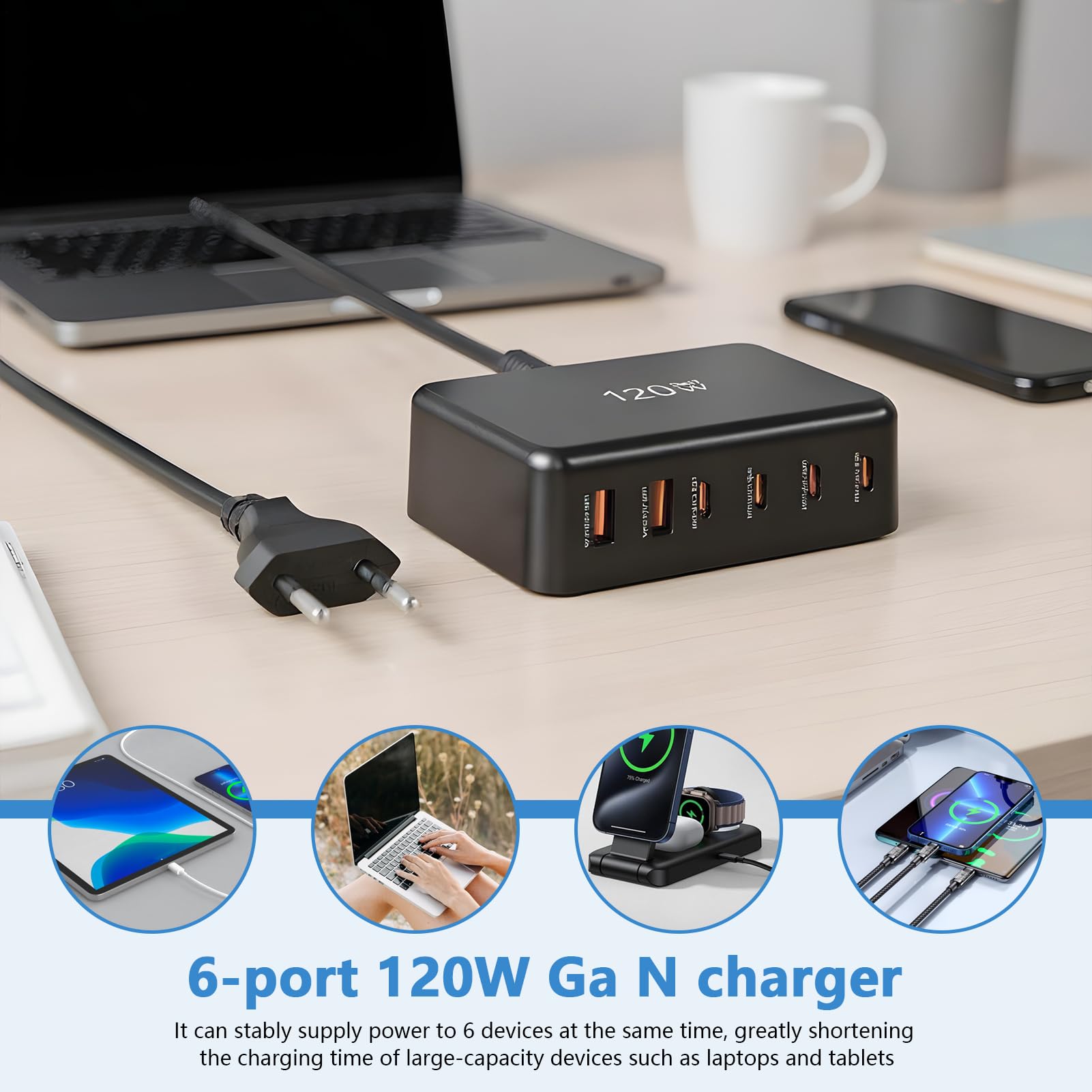 Caricabatterie USB C Rapido Ricaricabatterie Portatile per Telefoni | Dispositivo di Ricarica Rapida da 120W 6 Porte per Utenti di Dispositivi Mobili e Persone Attive Viaggiatori