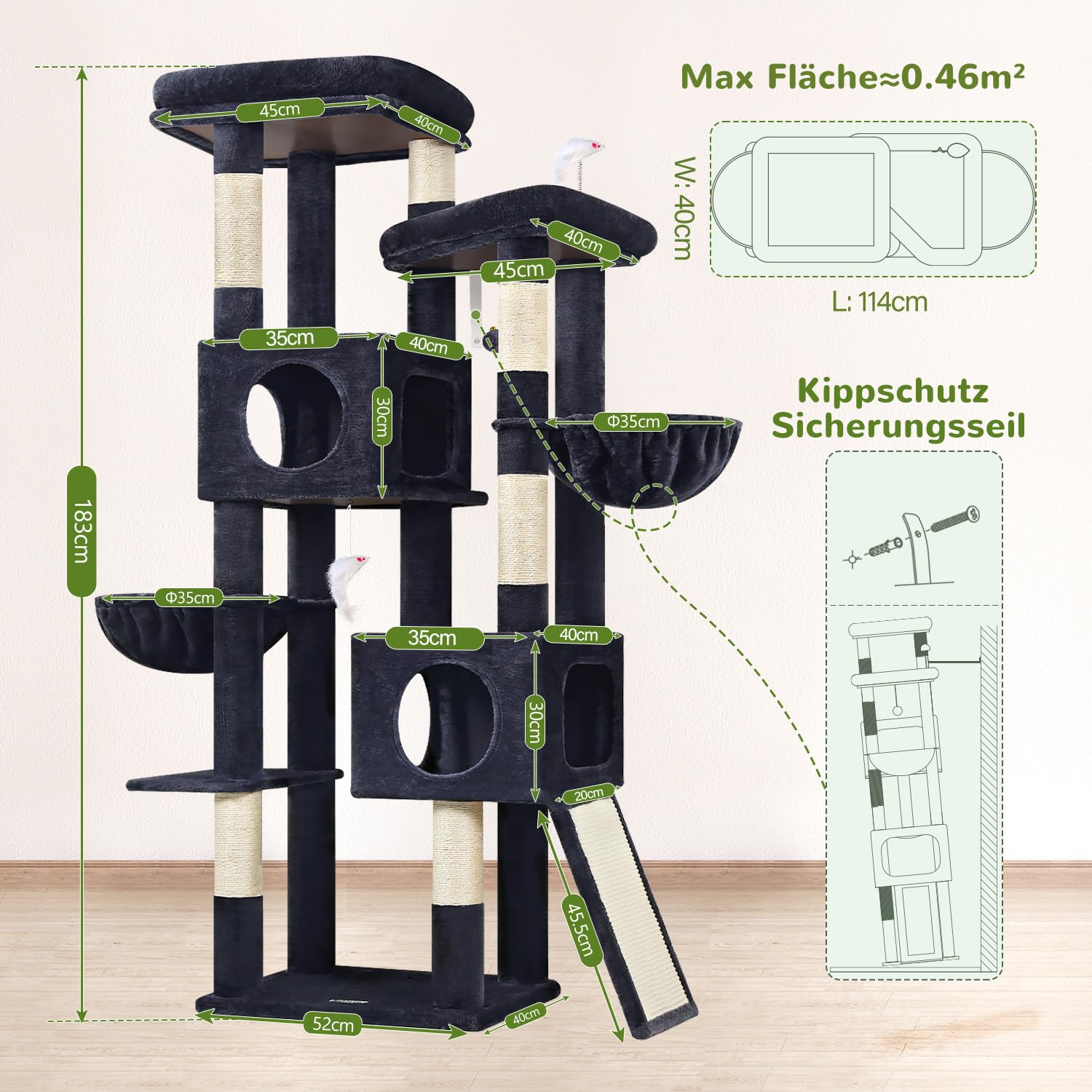 Globlazer S72E Kratzbaum Groß XXL hoch 180 cm für 2-6 Große Katzen Breit | Stabil Katzenbaum mit mit 2 Groß Plattformen, 2 Katzenhaus, 2 Korb, Sisal Kratzbrett, für Groß Katze Ausruhen Spielen Kratzen