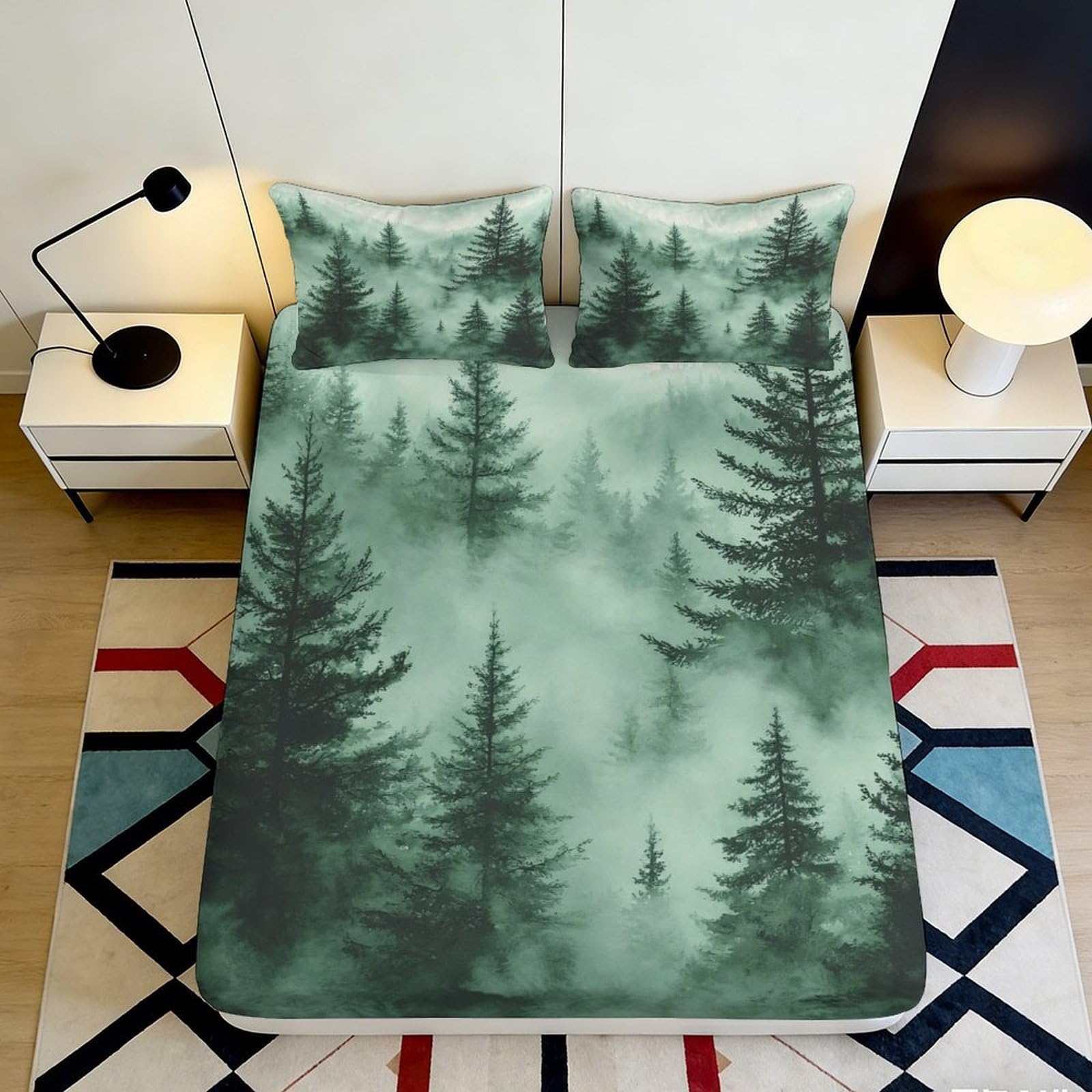 Pnayamiorkfel Style-2 3D Printed Misty Forest Fitted Sheet Microfiber Soft Green Pine Tree Mattress Cover For Bedroom Guest Room Decor 90X200x25cm