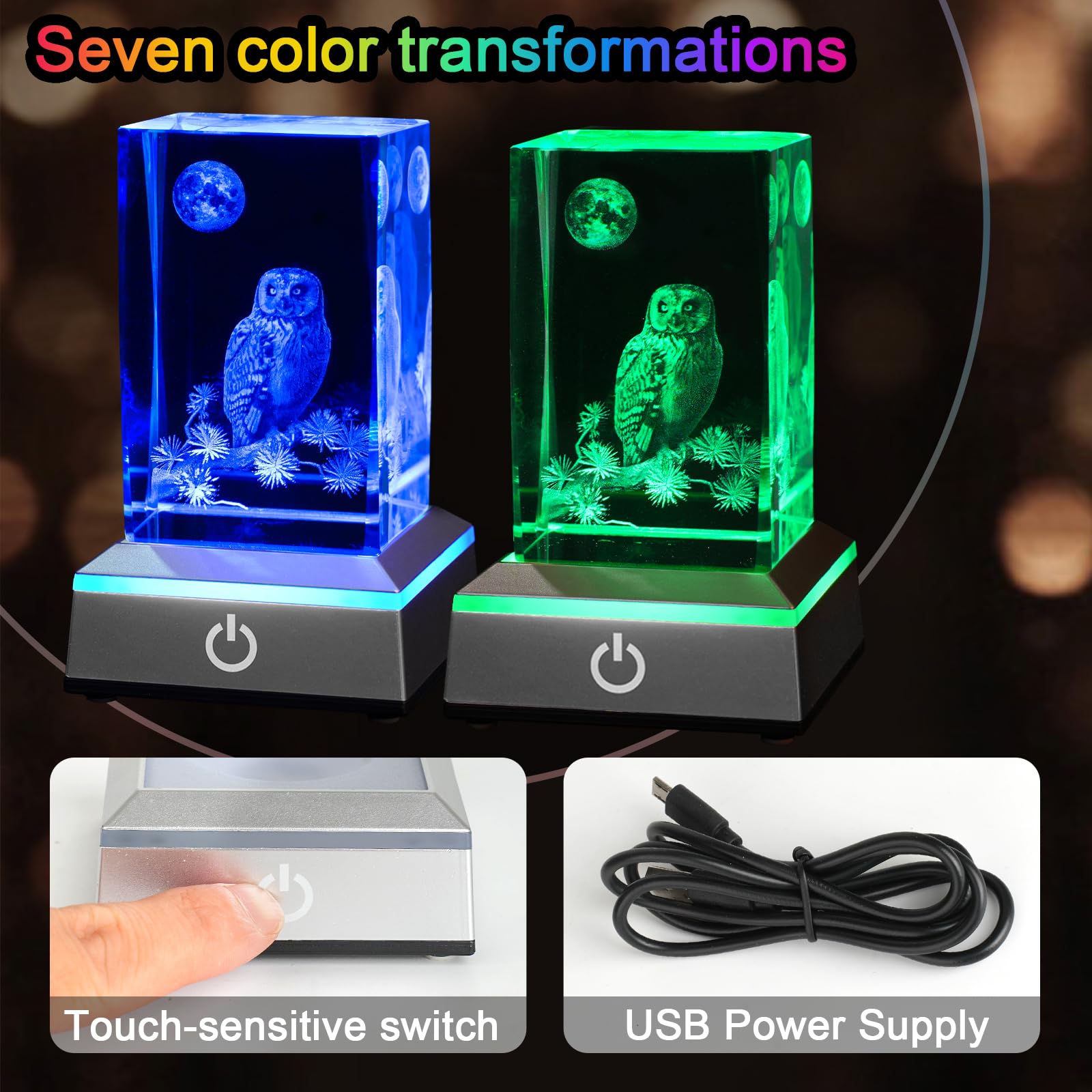 3D sowa kryształowa lampka nocna z wielokolorową podstawą LED szklana grawerowana laserowo figurki sowy lampa prezenty dla chłopców dziewcząt kochanków urodziny Boże Narodzenie dekoracja