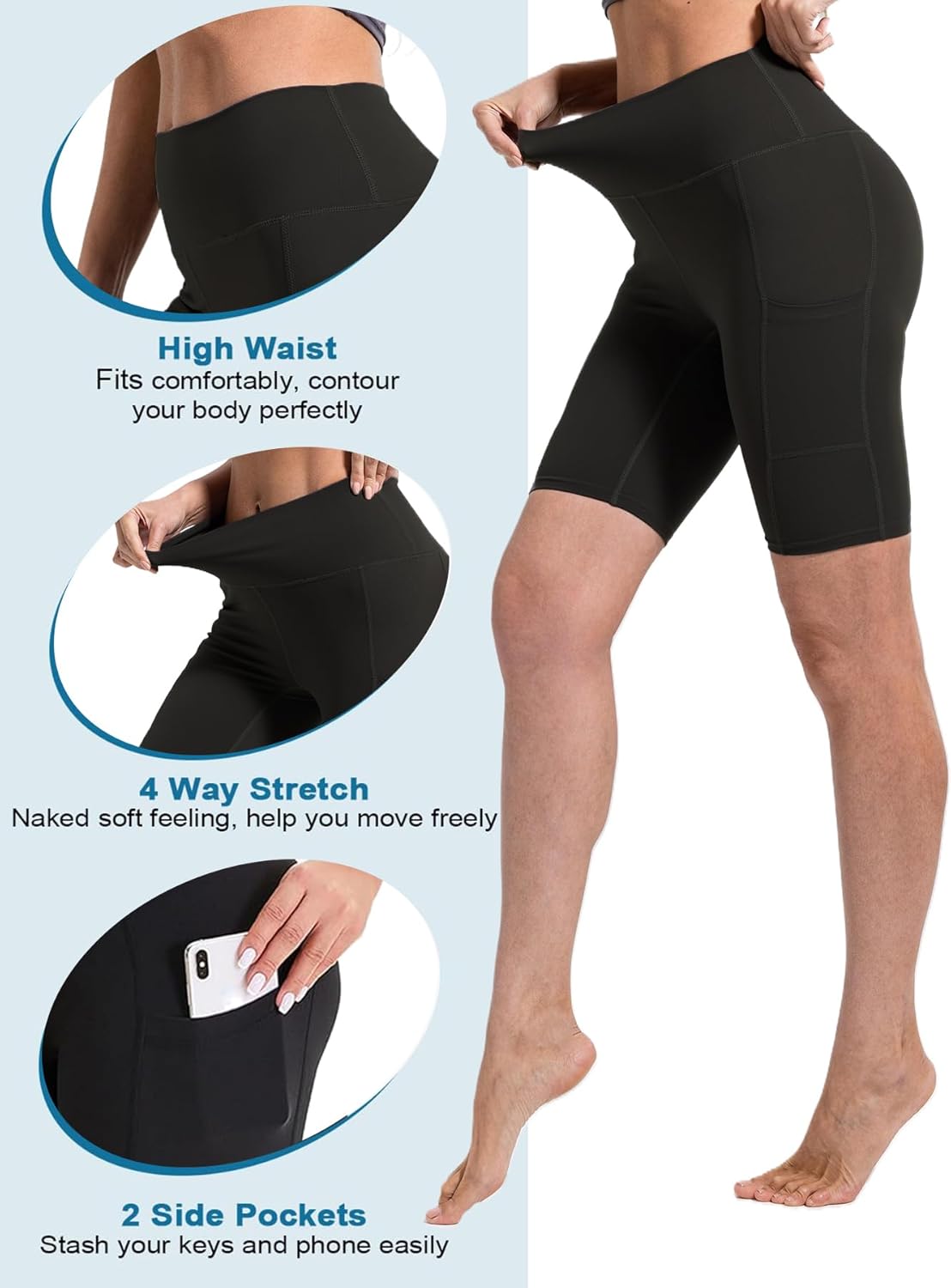 4 Pack Tummy Control Biker Shorts for Women with Pockets 8" High Waisted Yoga Pants for Athletic Workout Running - Image 3