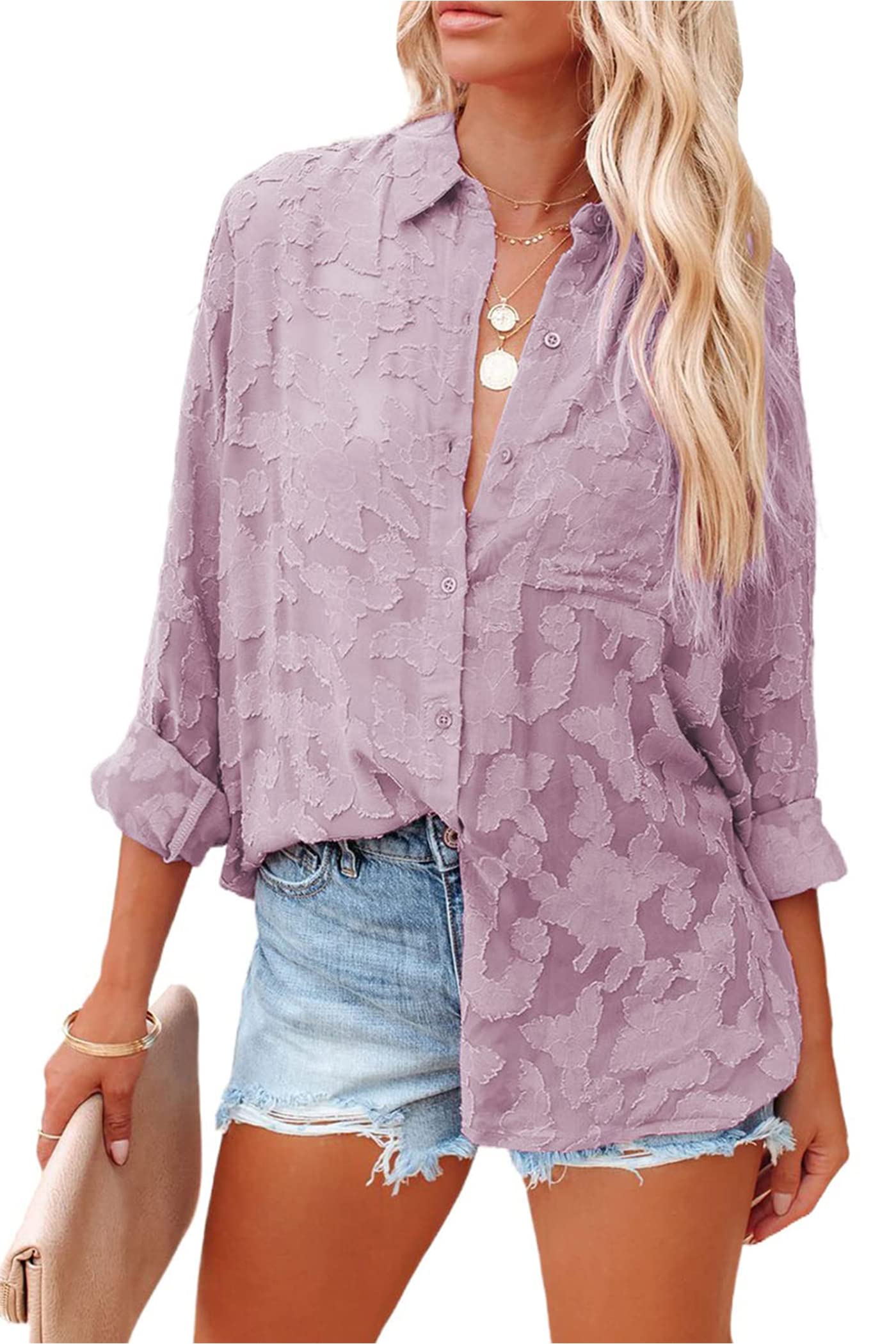 PRETTYGARDENWomen's Chiffon Blouse Solid Color Long Sleeve Button Down Elegant Jacquard Shirts Tops