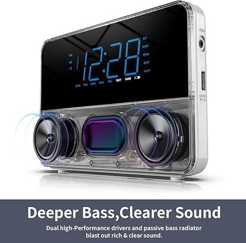 Miniatura 2 de Radio despertador Bluetooth V5.2 altavoz con sonido HD y graves, pantalla azul con atenuador automático, repetición, temporizador de sueño, volumen