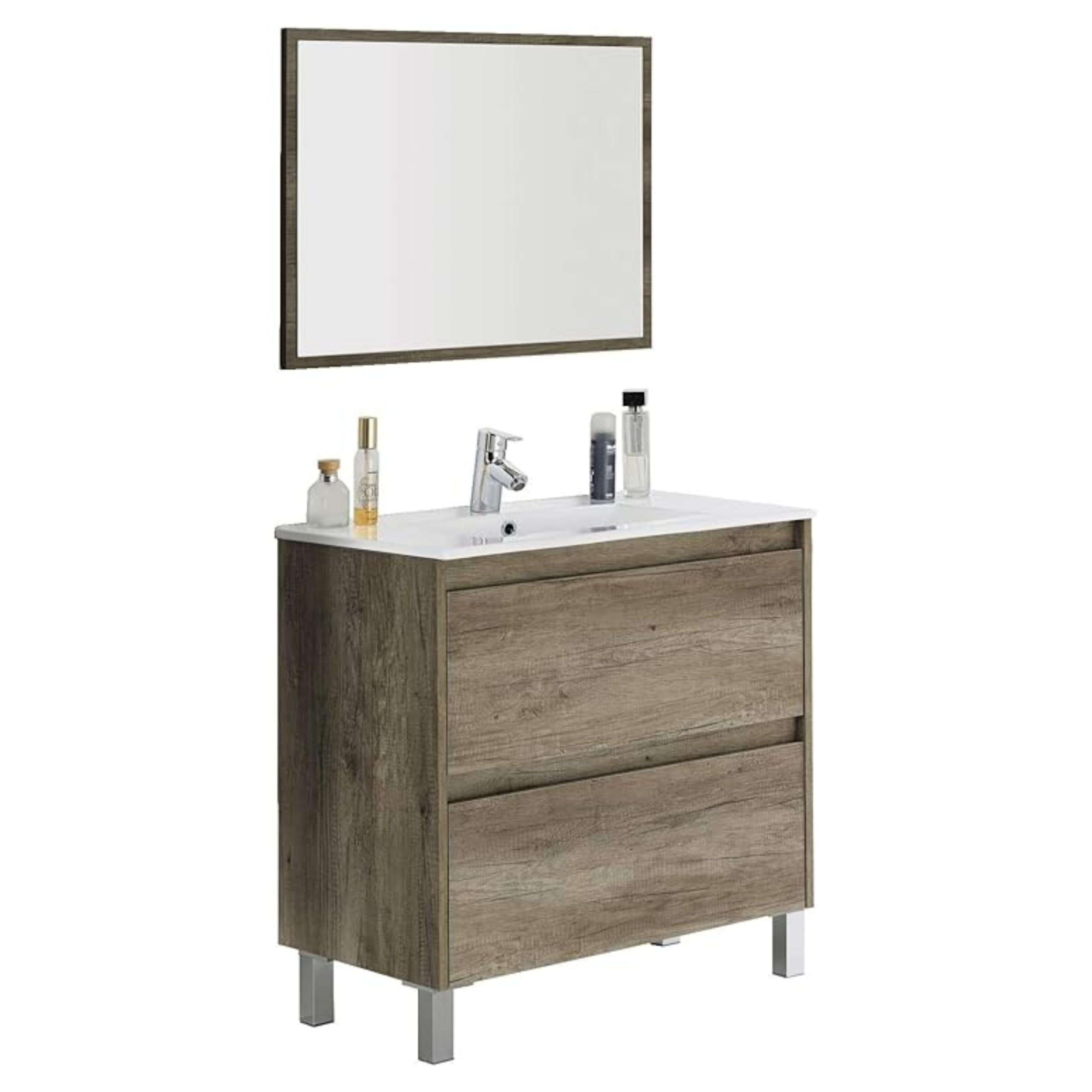 ABITARE Mueble de Baño Zenda Estilo Natural en Color Roble Nordik con Espejo y 2 Cajones 80x80x45 cm (Sin Lavabo)