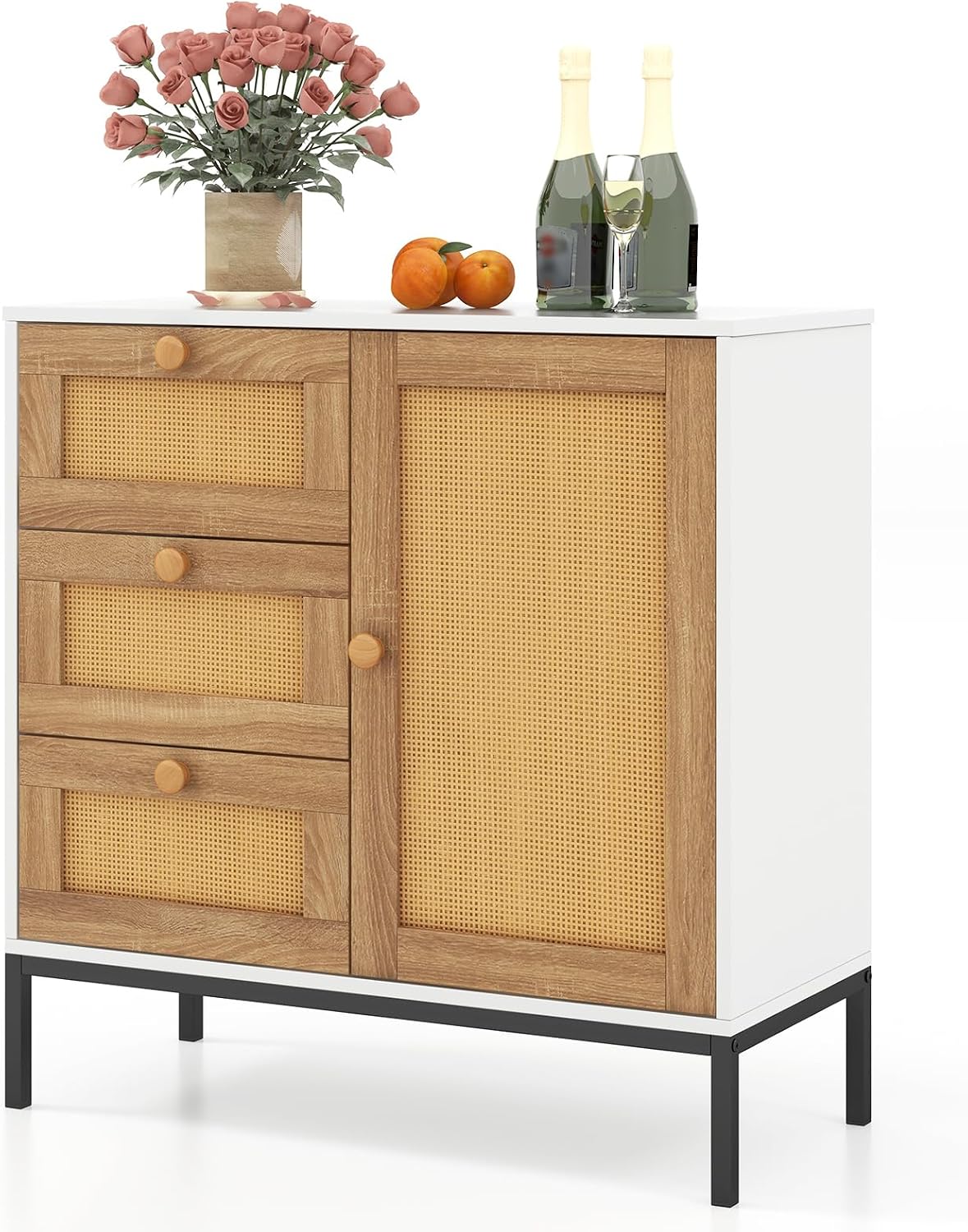 LOKO Rattan Buffet Sideboard, Accent Storage Cabinet with 3 Drawers & 1 Door, Sturdy Metal Legs, for Kitchen, Living Room, Entryway (1)