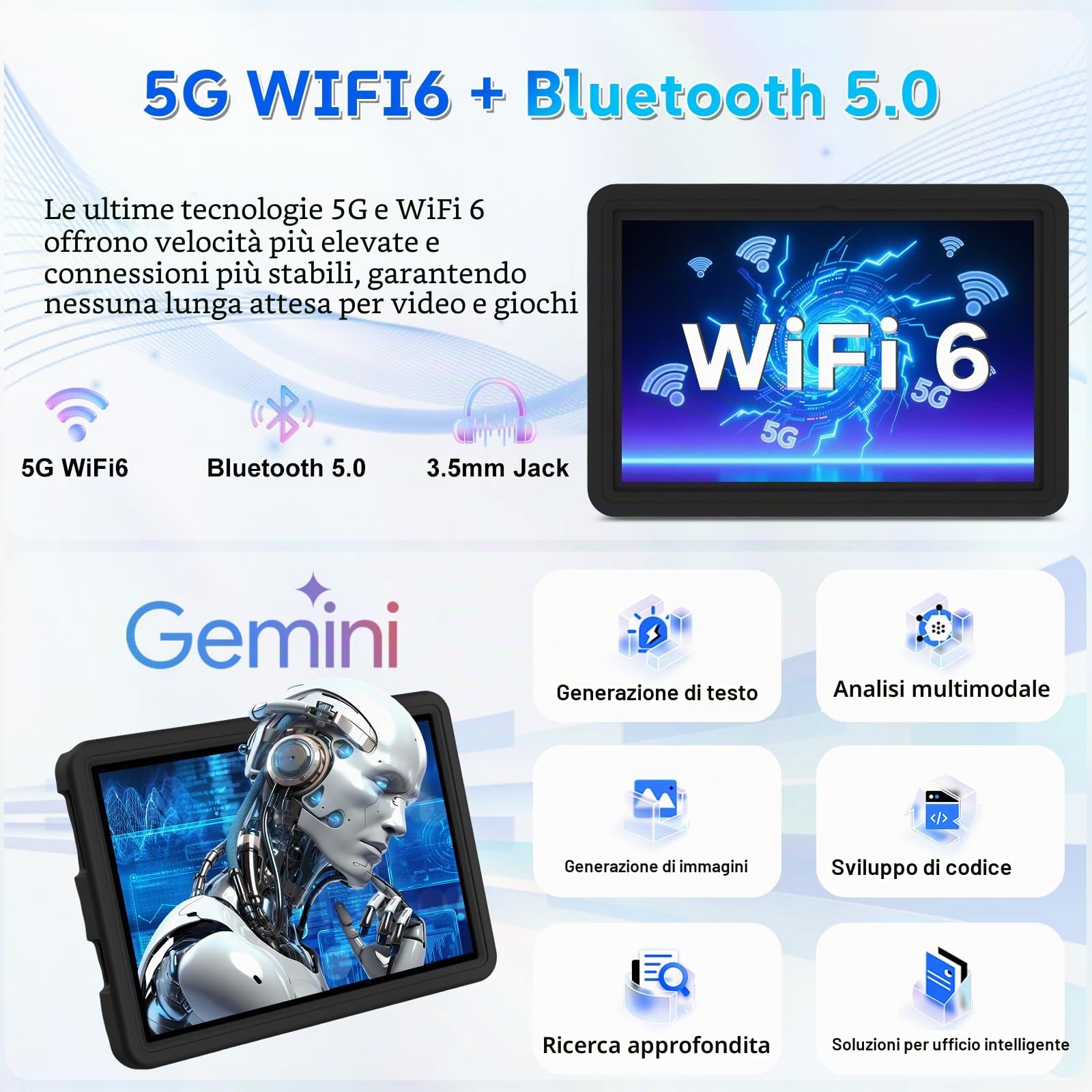 DMOAO Tablet Bambini 10 Pollici Android 15 con 30GB RAM, 5G Wi-Fi 6, 64GB ROM(2TB), Control Parental, Octa-Core, 8MP+5MP, 6000mAh, Custodia Protettiva EVA + Supporto Girevole a 360°, Nero