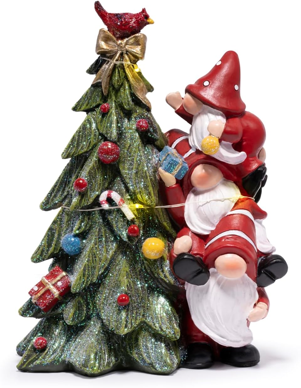 Hodao Christmas Tree Figurine Decorations — Lighted Hand-Painted Resin Gnomes Climbing with Cardinal, Tabletop Decor for Family or Friends | Mantel, Shelf, Living Room Display