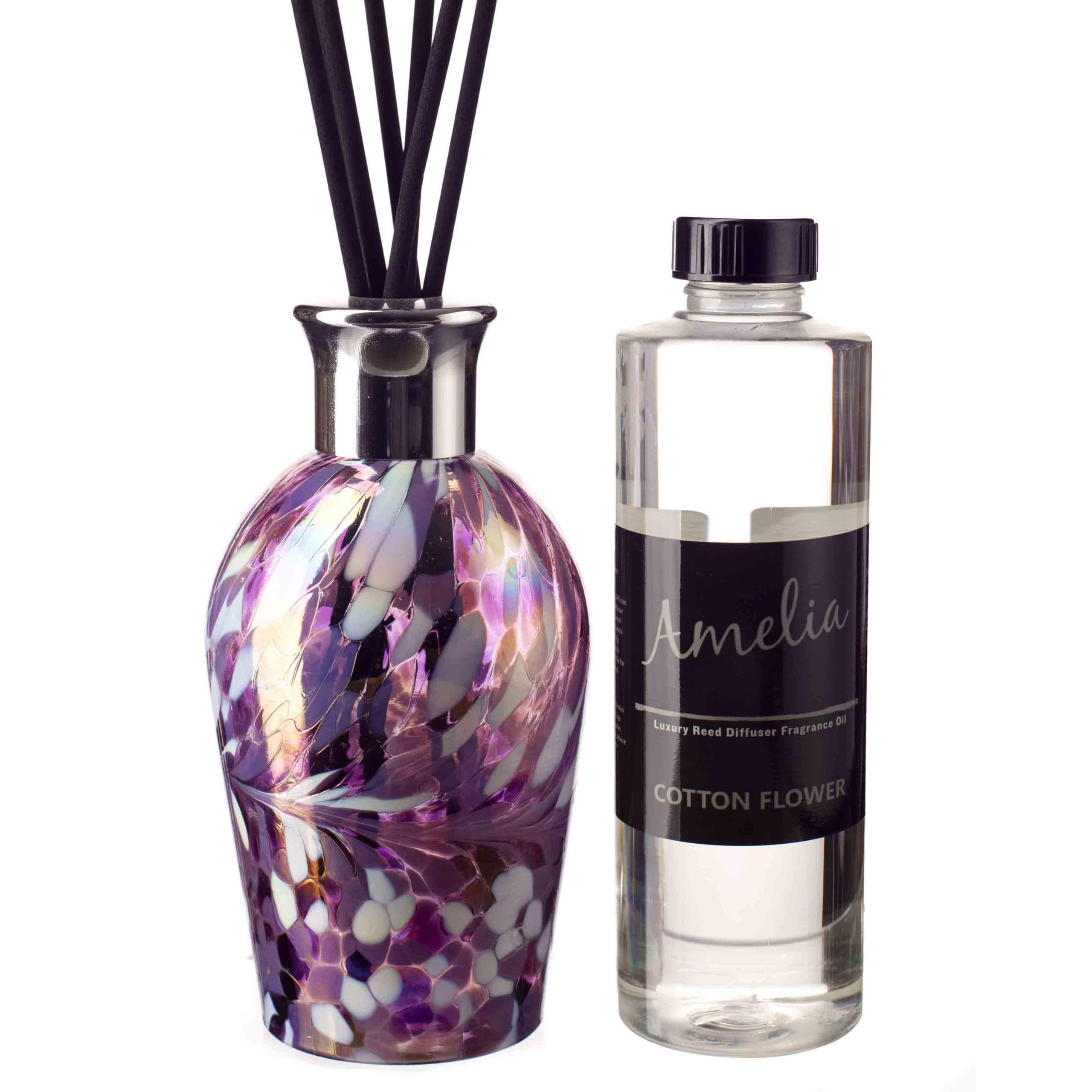 Amelia Art Glass Violet & White Reed Diffuser Dome - With Cotton Flower Fragrance