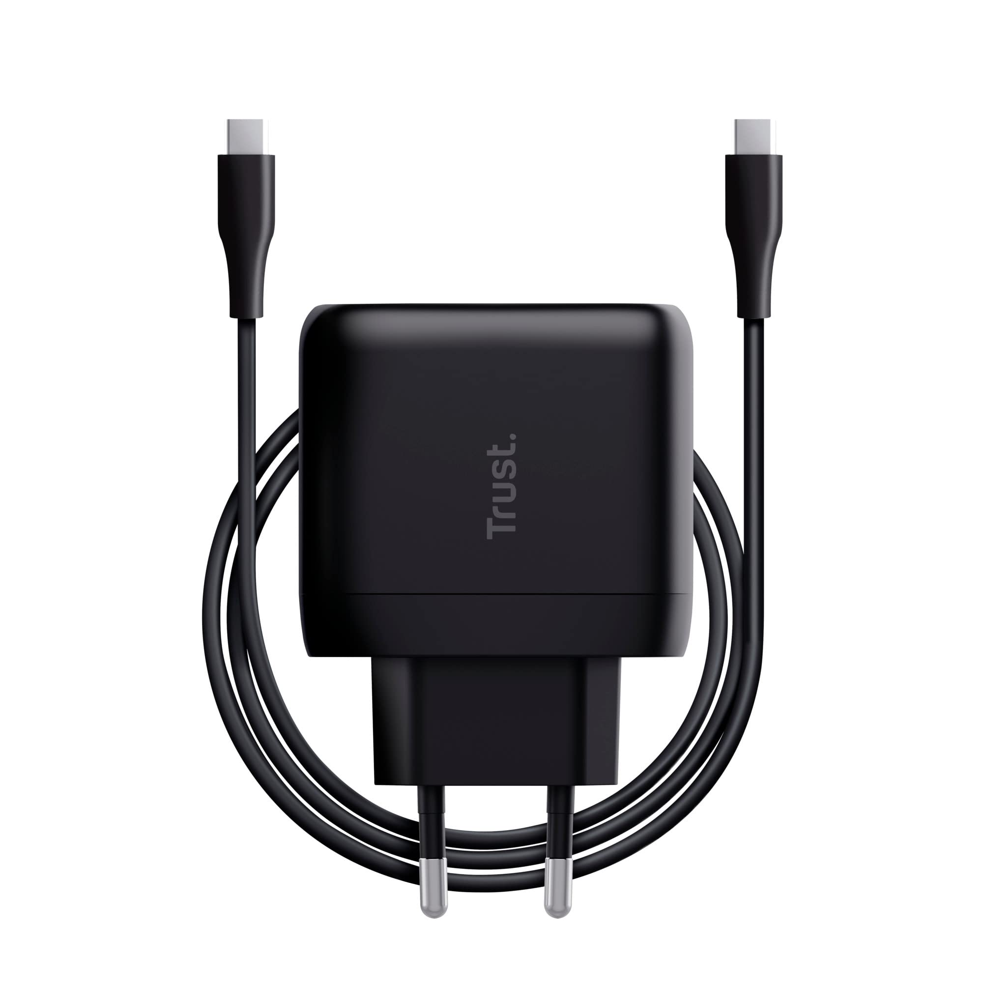 Trust Maxo Caricatore USB-C da 65W con Cavo USB-C da 2m, Nero | Caricatore Rapido, 75% con Materiali Riciclati, Adattatore di Alimentazione per iPhone iPad Samsung Smartphones Tablets
