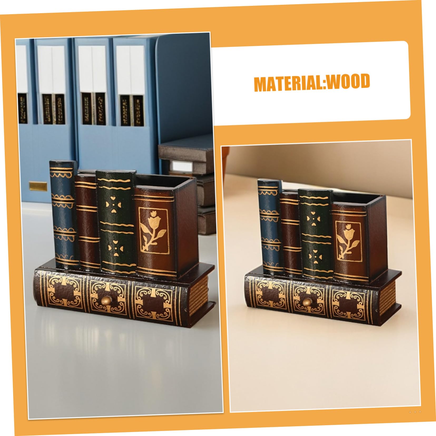 2 Piezas Caja de Almacenamiento de Madera con Diseño de Libro Falso Portalápices Vintage con Cajón Organizador Retro para Oficina y Hogar